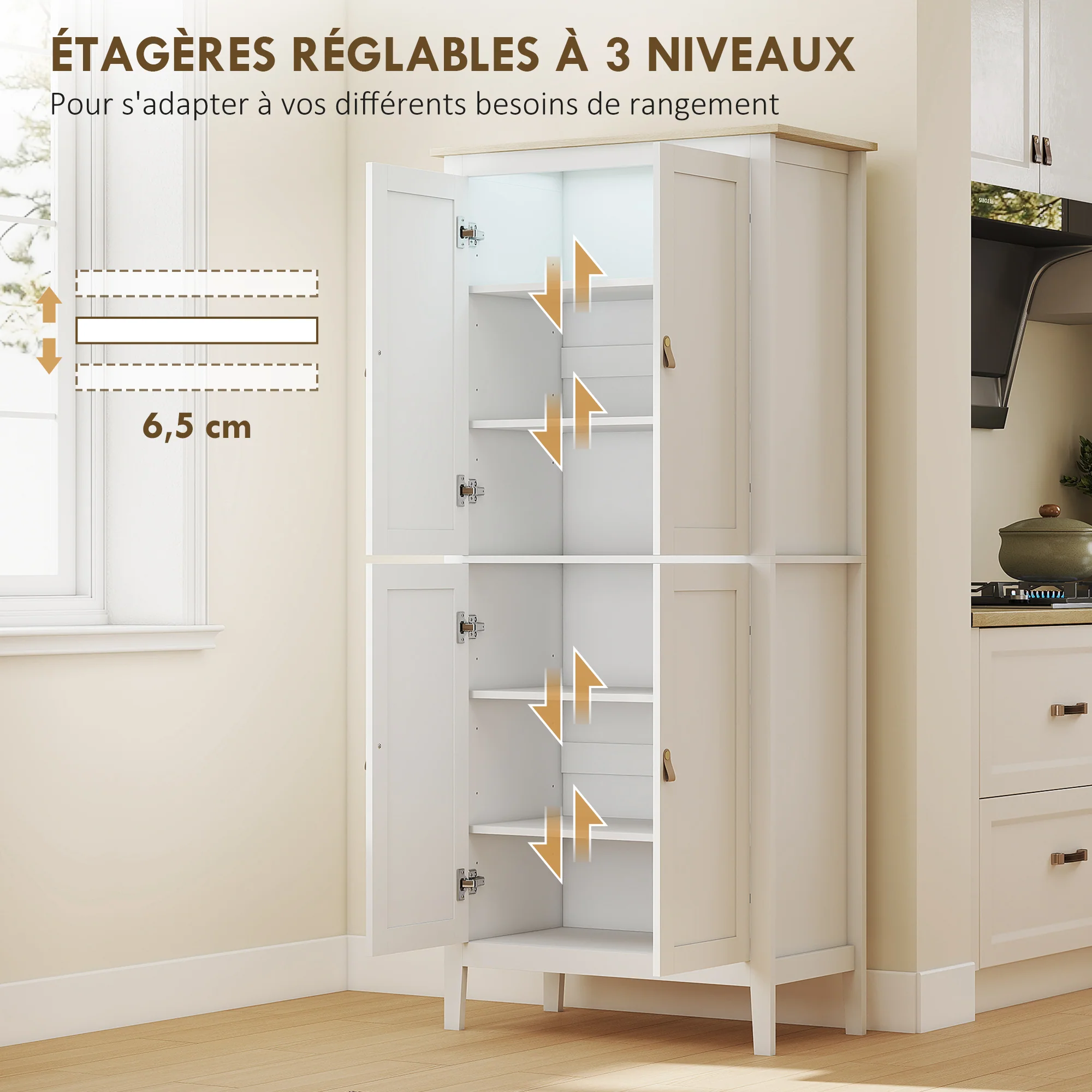 Buffet cuisine avec LED réglable et détecteur de mouvement, meuble cuisine rangement haut, meuble de rangement avec placards à double porte et étagères réglables, 80 x 40 x 176,5 cm, blanc - Image 7