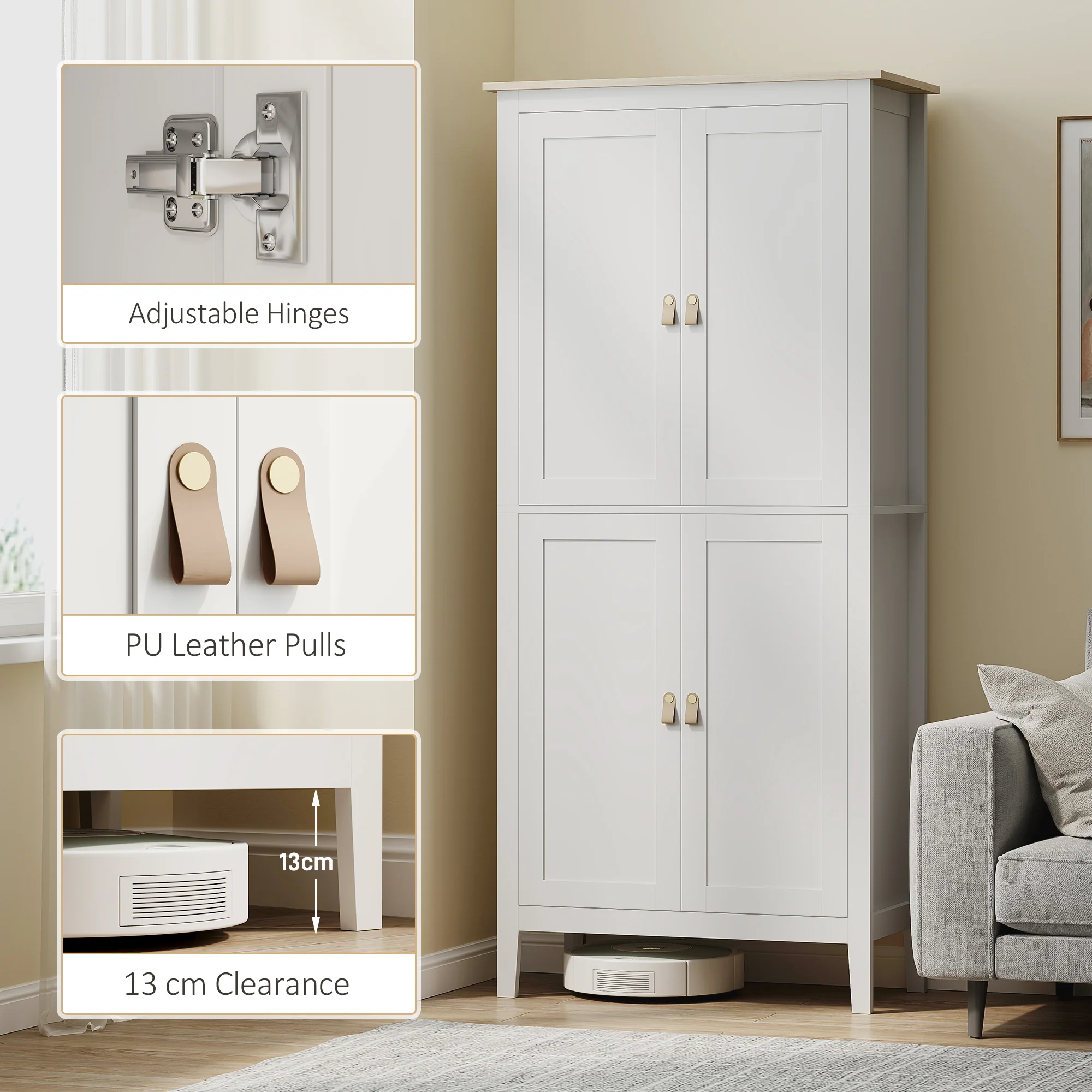 Buffet cuisine avec LED réglable et détecteur de mouvement, meuble cuisine rangement haut, meuble de rangement avec placards à double porte et étagères réglables, 80 x 40 x 176,5 cm, blanc - Image 9