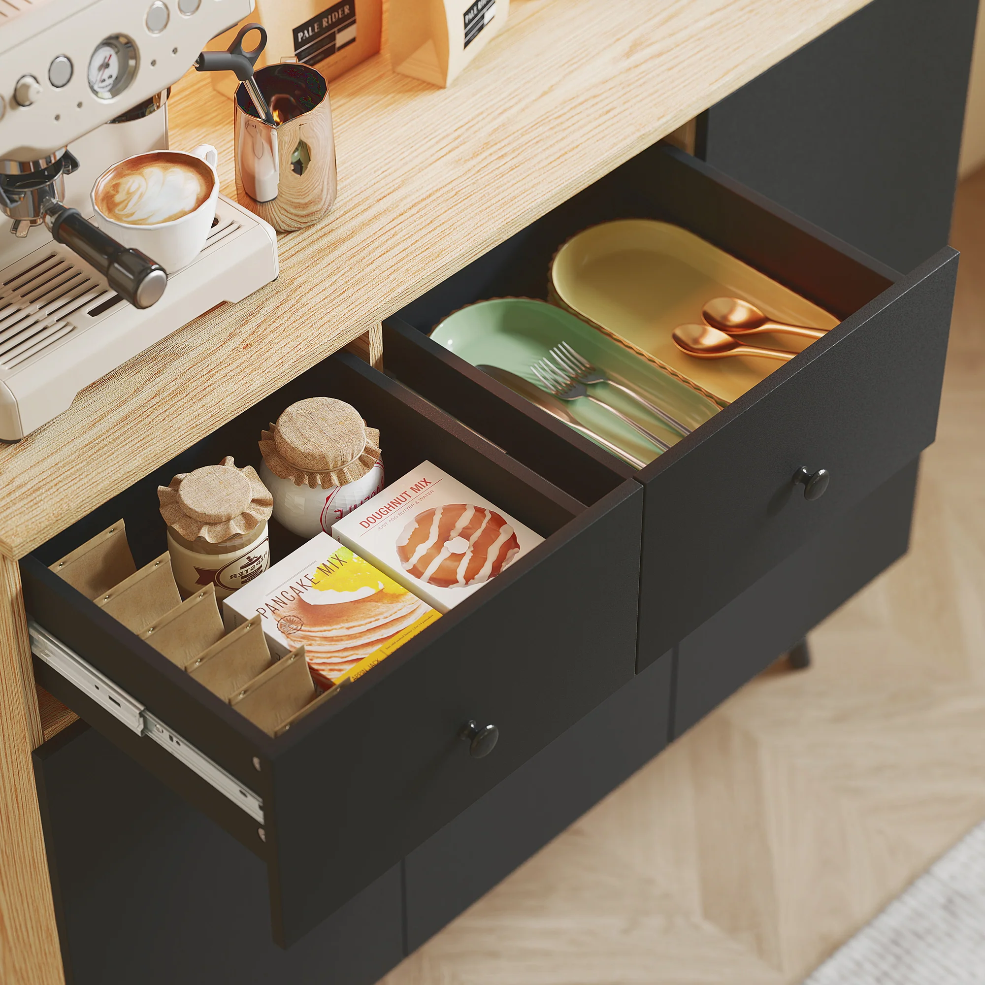 Buffet cuisine avec lumière LED RGB contr?lé APP, meuble cuisine rangement haut avec plan de travail, 6 portes, 2 tiroirs, compartiments ouverts, étagères réglables, 100x40x176cm, noir - Image 10