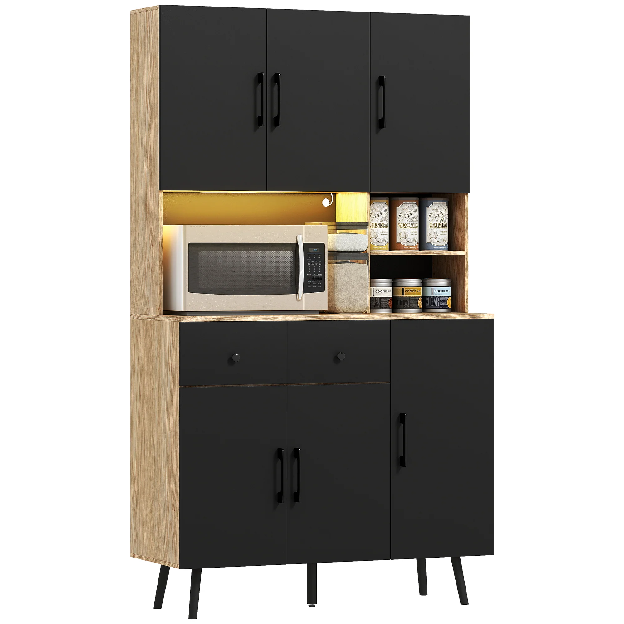 Buffet cuisine avec lumière LED RGB contr?lé APP, meuble cuisine rangement haut avec plan de travail, 6 portes, 2 tiroirs, compartiments ouverts, étagères réglables, 100x40x176cm, noir - Image 11