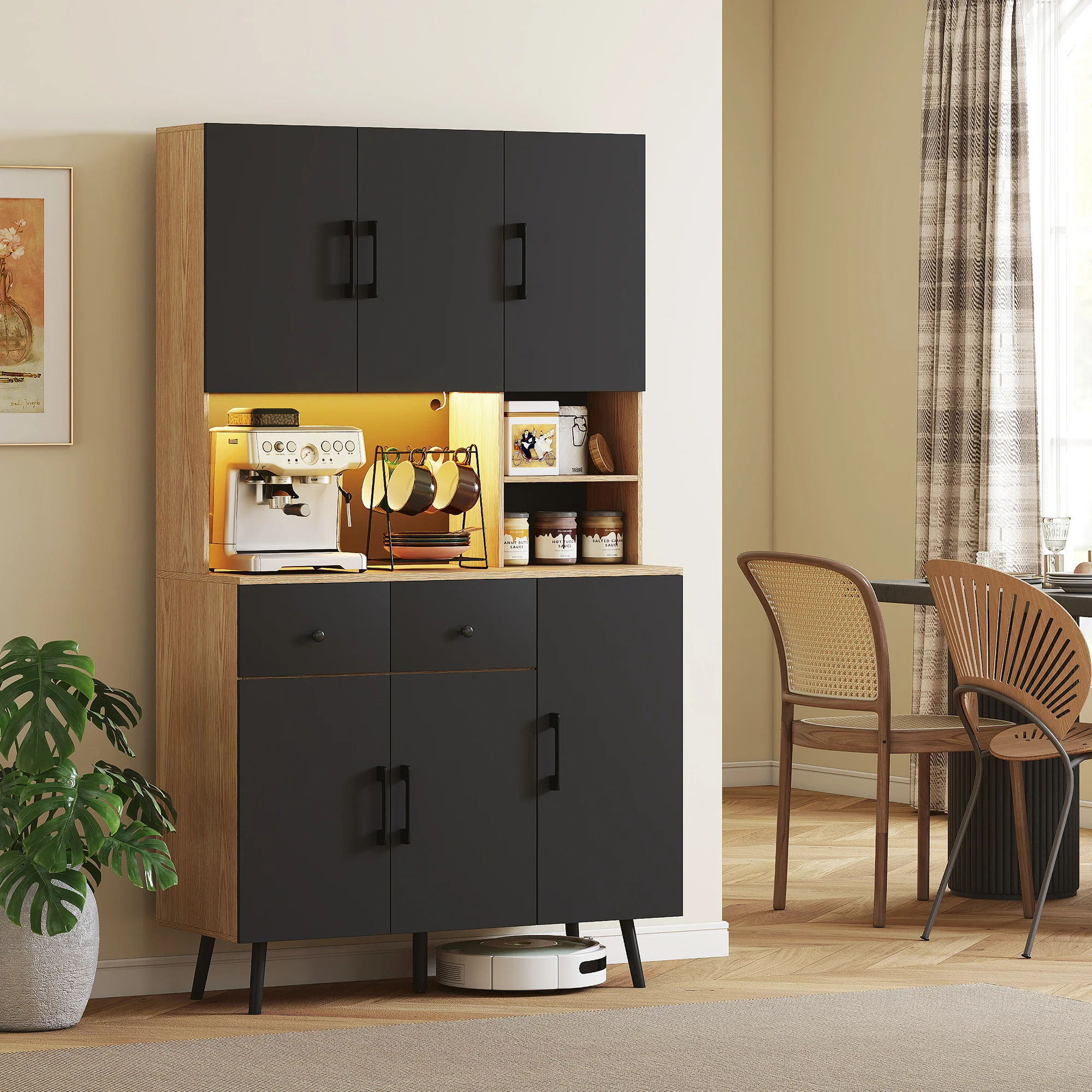 Buffet cuisine avec lumière LED RGB contr?lé APP, meuble cuisine rangement haut avec plan de travail, 6 portes, 2 tiroirs, compartiments ouverts, étagères réglables, 100x40x176cm, noir - Image 3