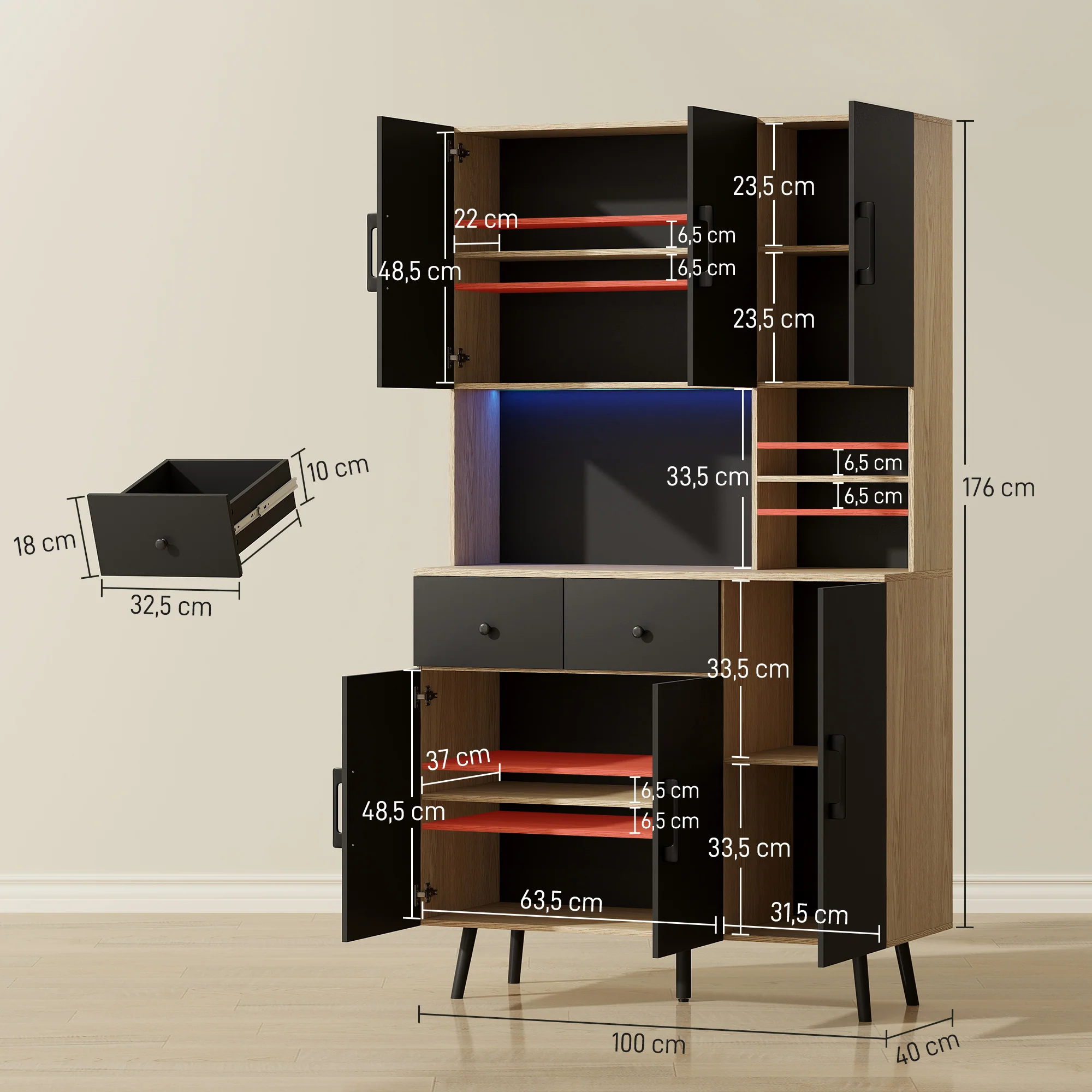 Buffet cuisine avec lumière LED RGB contr?lé APP, meuble cuisine rangement haut avec plan de travail, 6 portes, 2 tiroirs, compartiments ouverts, étagères réglables, 100x40x176cm, noir - Image 4