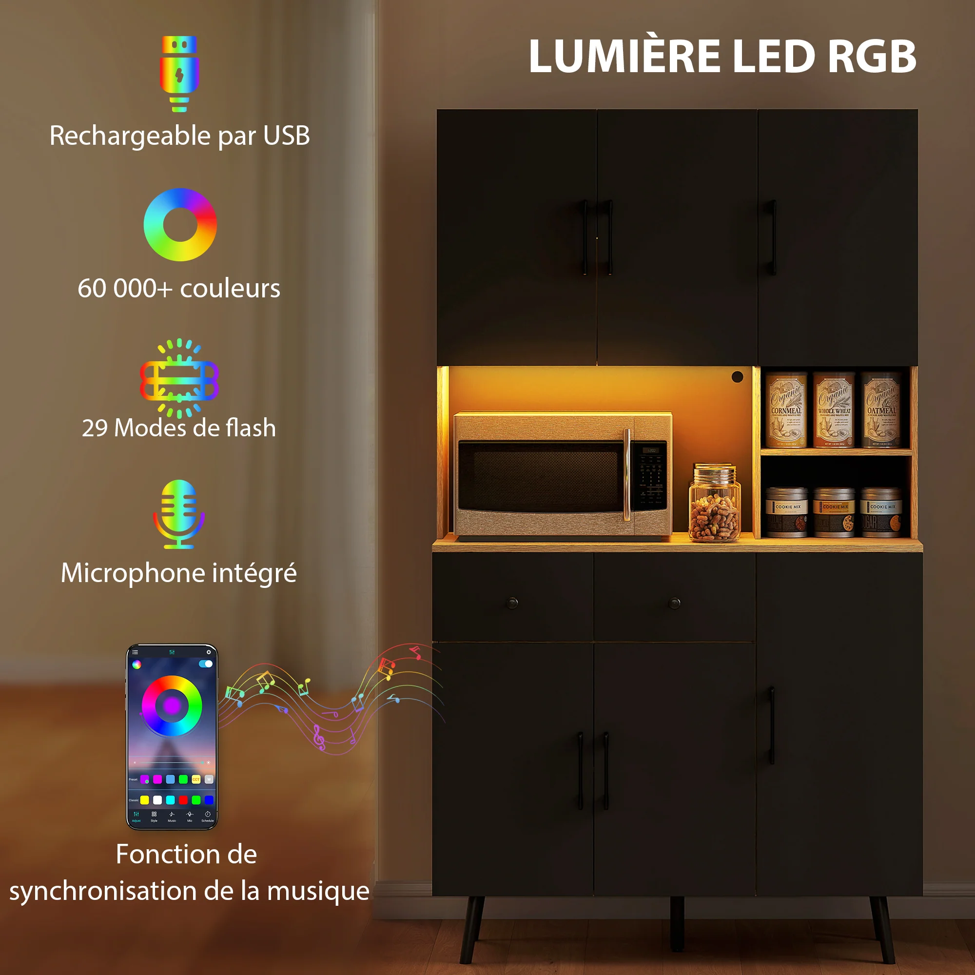 Buffet cuisine avec lumière LED RGB contr?lé APP, meuble cuisine rangement haut avec plan de travail, 6 portes, 2 tiroirs, compartiments ouverts, étagères réglables, 100x40x176cm, noir - Image 5