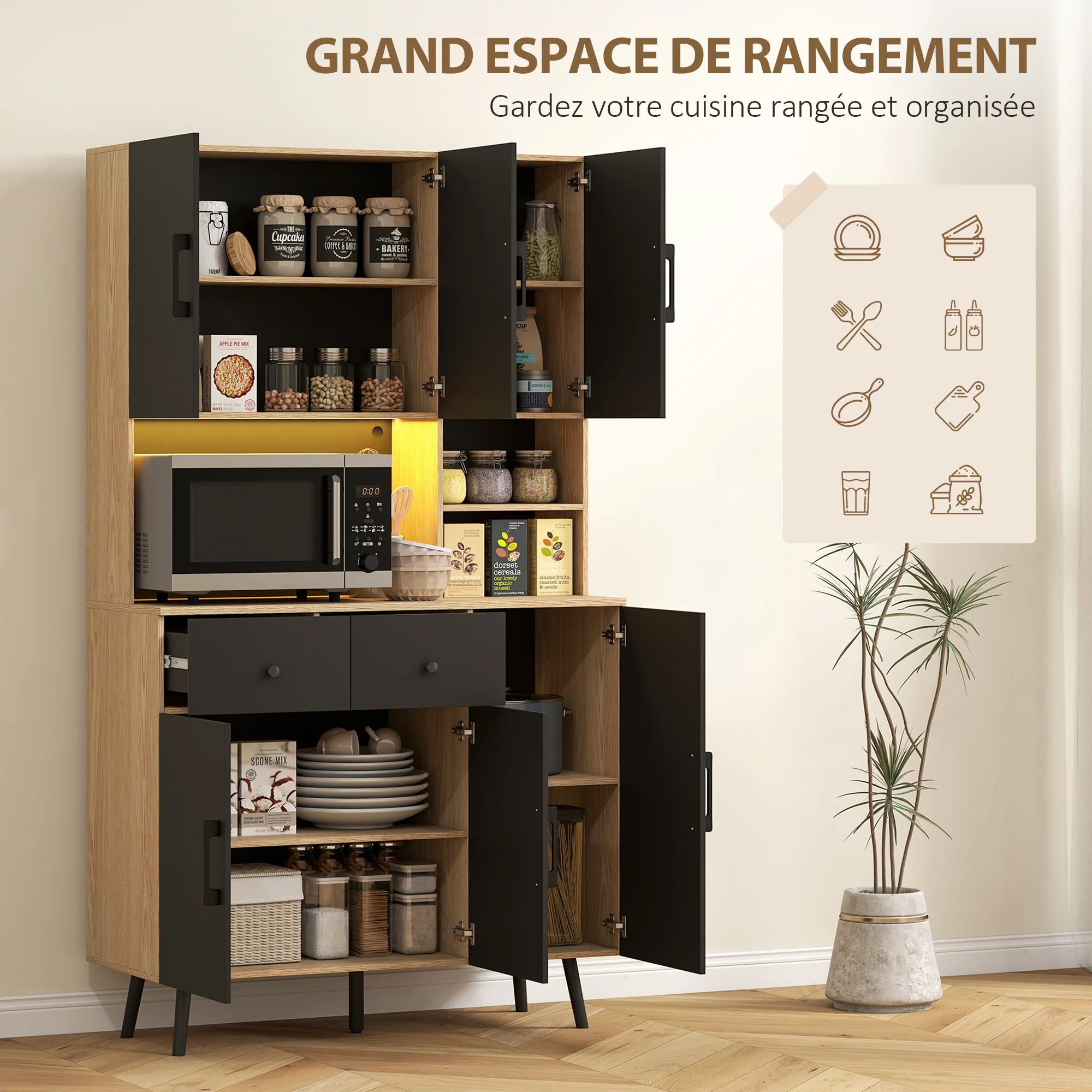 Buffet cuisine avec lumière LED RGB contr?lé APP, meuble cuisine rangement haut avec plan de travail, 6 portes, 2 tiroirs, compartiments ouverts, étagères réglables, 100x40x176cm, noir - Image 6