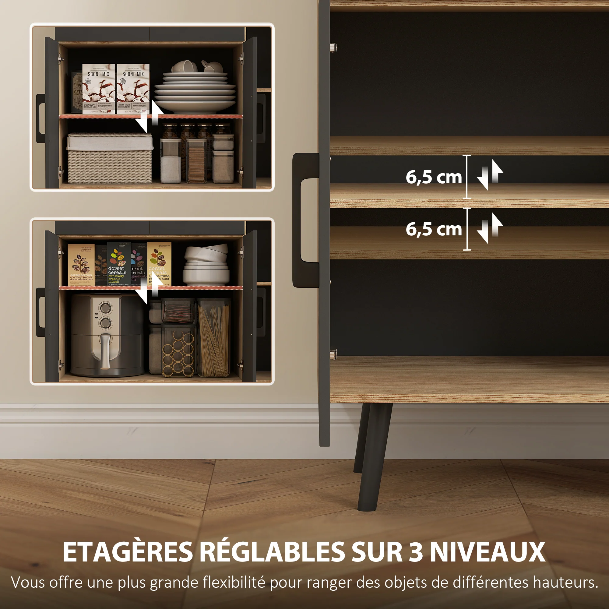 Buffet cuisine avec lumière LED RGB contr?lé APP, meuble cuisine rangement haut avec plan de travail, 6 portes, 2 tiroirs, compartiments ouverts, étagères réglables, 100x40x176cm, noir - Image 7