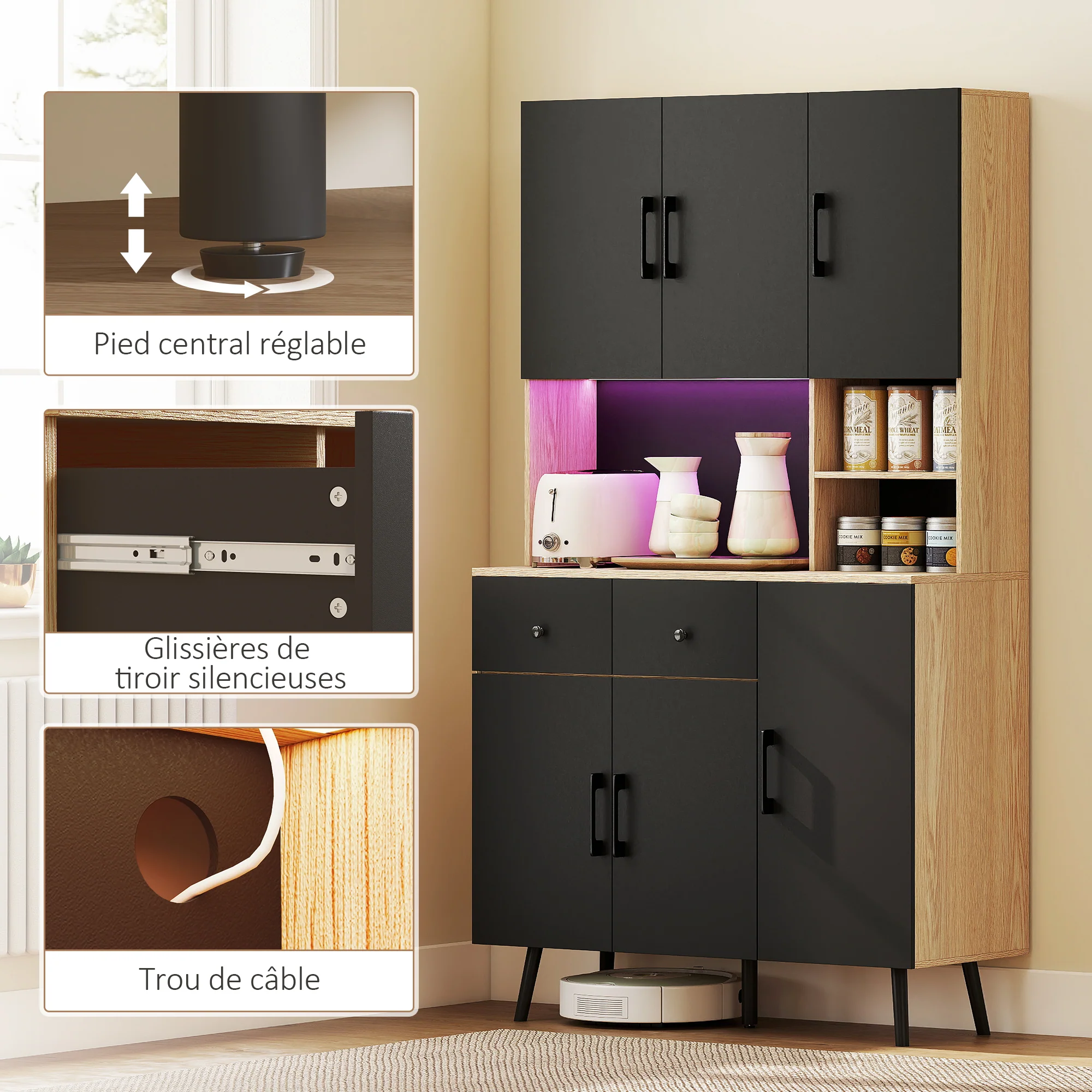 Buffet cuisine avec lumière LED RGB contr?lé APP, meuble cuisine rangement haut avec plan de travail, 6 portes, 2 tiroirs, compartiments ouverts, étagères réglables, 100x40x176cm, noir - Image 9