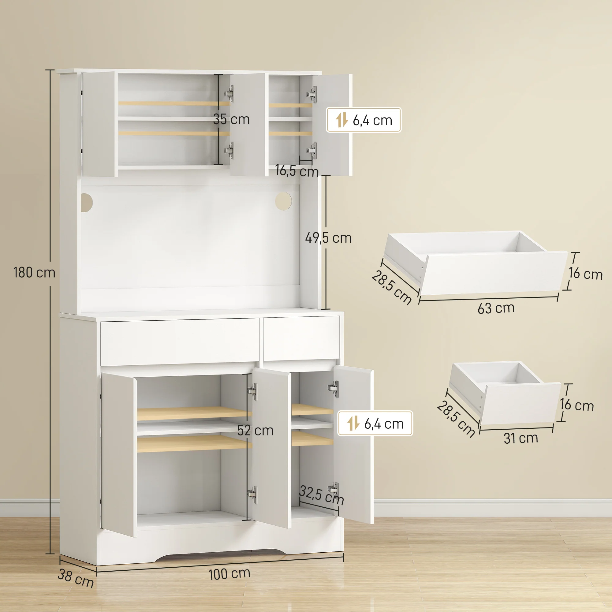 Buffet cuisine avec lumière LED RGB, meuble cuisine rangement haut, meuble de rangement avec plan de travail, 6 portes, 2 tiroirs, étagères réglables et télécommande inclus, 100x38x180cm, blanc - Image 4