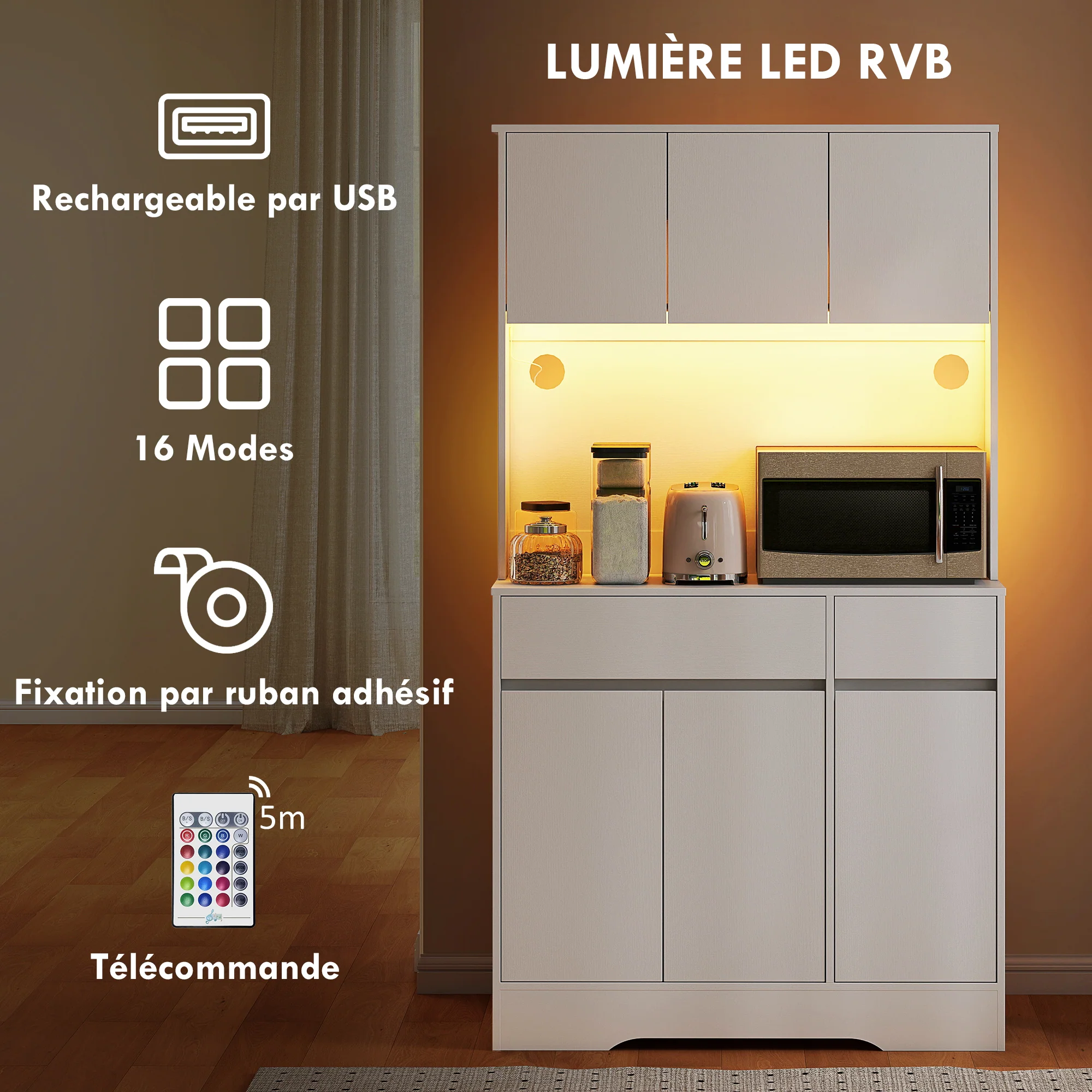 Buffet cuisine avec lumière LED RGB, meuble cuisine rangement haut, meuble de rangement avec plan de travail, 6 portes, 2 tiroirs, étagères réglables et télécommande inclus, 100x38x180cm, blanc - Image 5