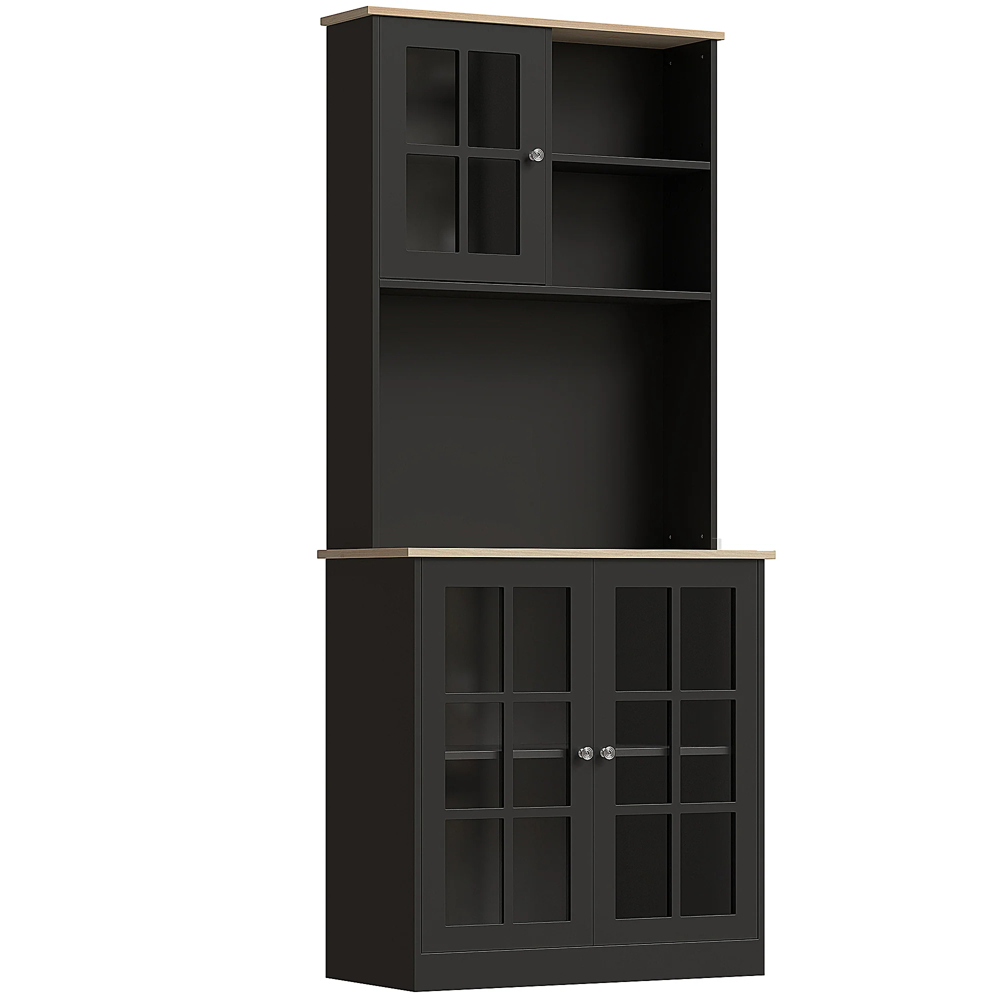Buffet cuisine, meuble cuisine rangement haut, meuble de rangement avec plan de travail, 3 portes vitrées, 2 niches et étagères réglables, 80 x 37 x 183 cm, noir chêne - Image 11