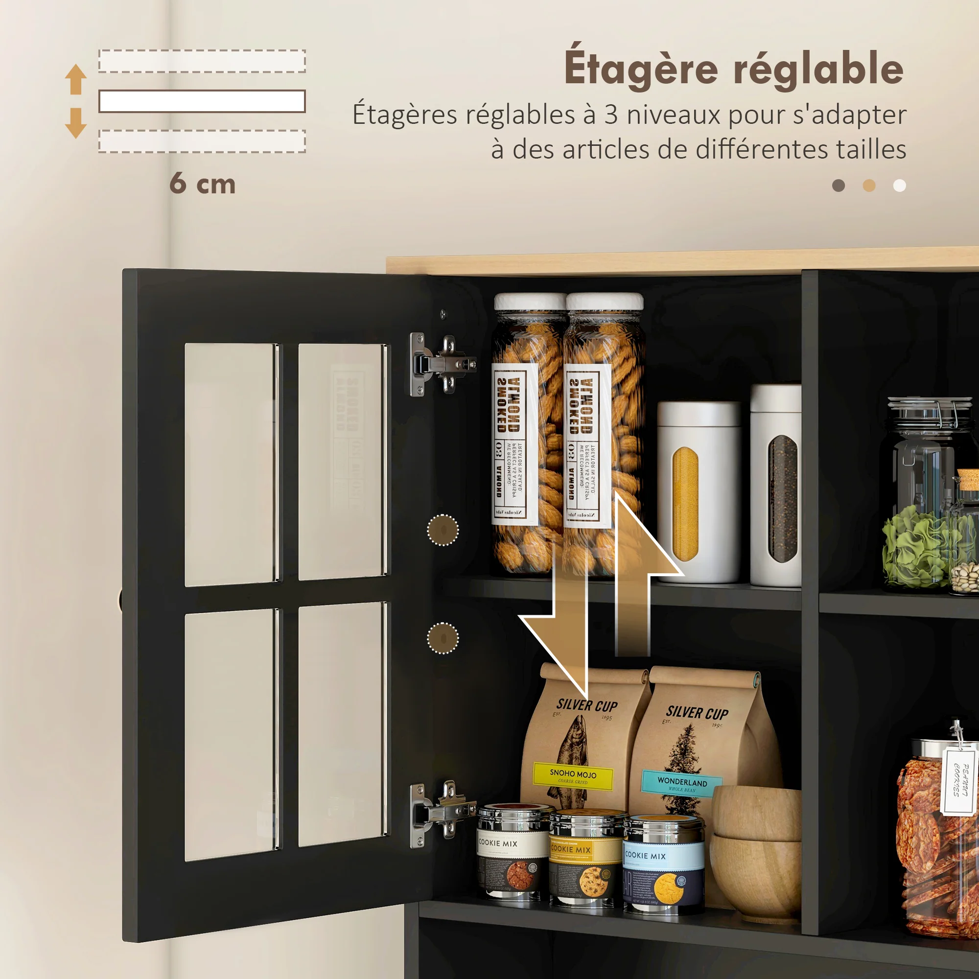 Buffet cuisine, meuble cuisine rangement haut, meuble de rangement avec plan de travail, 3 portes vitrées, 2 niches et étagères réglables, 80 x 37 x 183 cm, noir chêne - Image 7