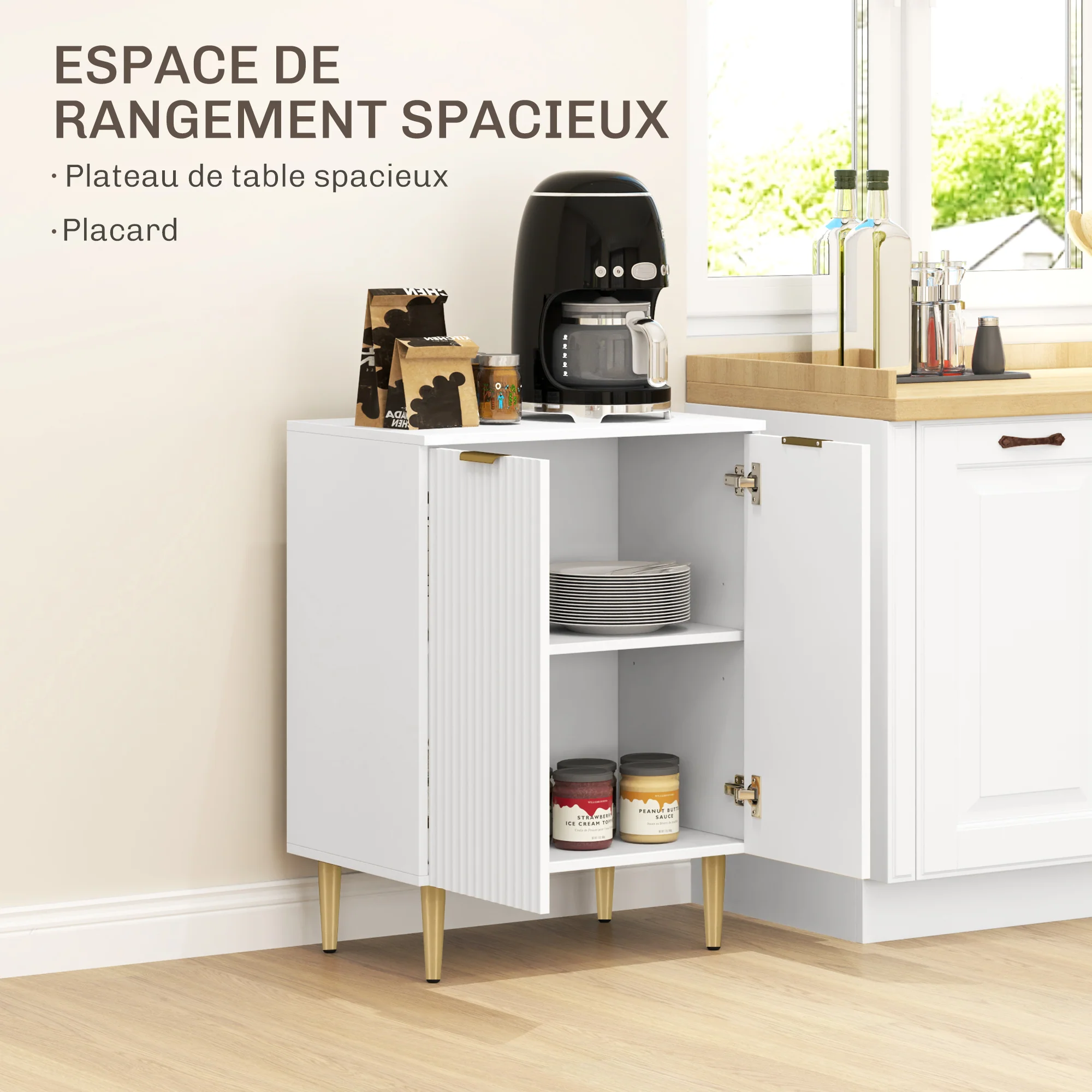 Buffet cuisine, meuble de rangement, avec 2 portes, étagère réglable, pieds métalliques surélevés, pour cuisine, salon, 60 x 40 x 80 cm, blanc - Image 5