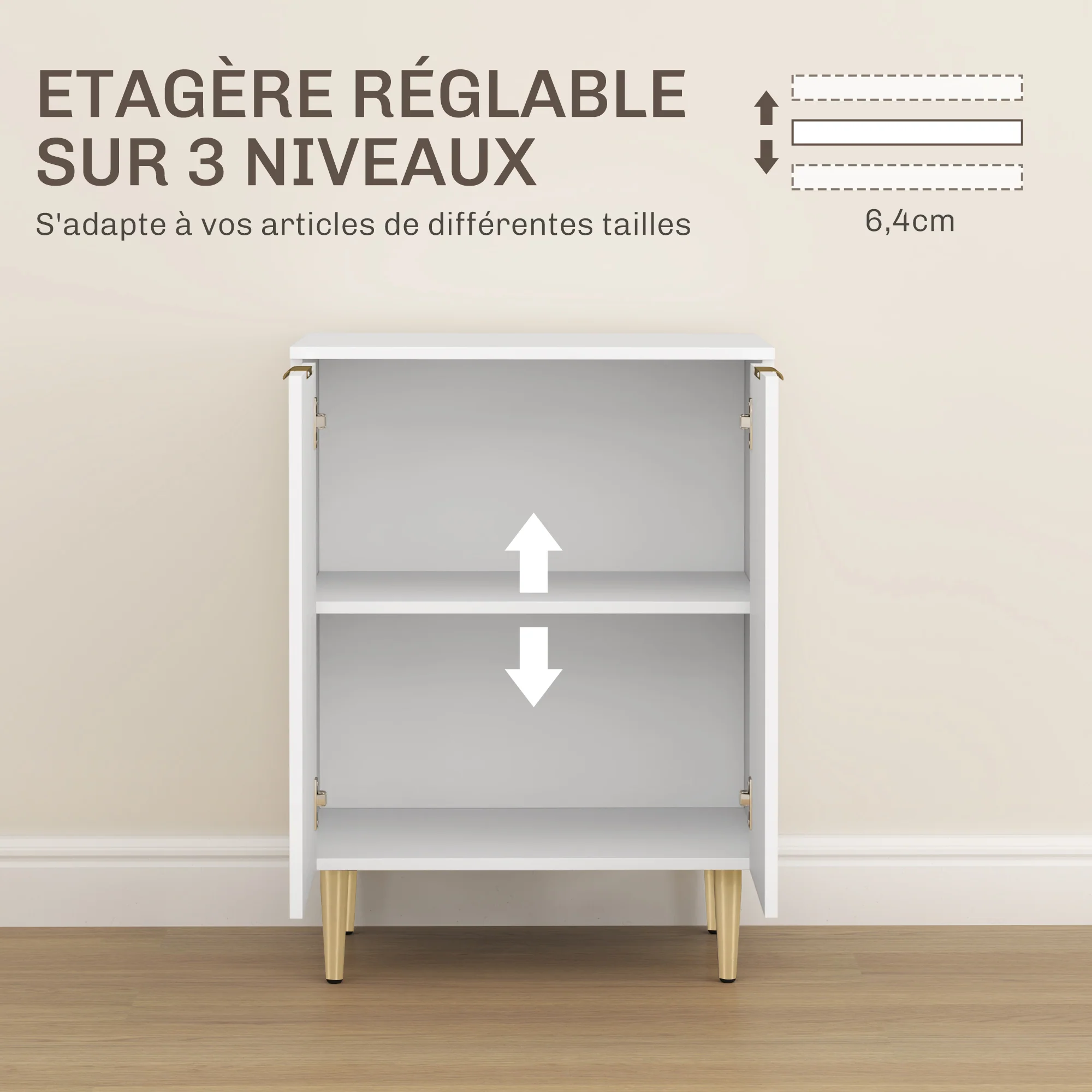 Buffet cuisine, meuble de rangement, avec 2 portes, étagère réglable, pieds métalliques surélevés, pour cuisine, salon, 60 x 40 x 80 cm, blanc - Image 6