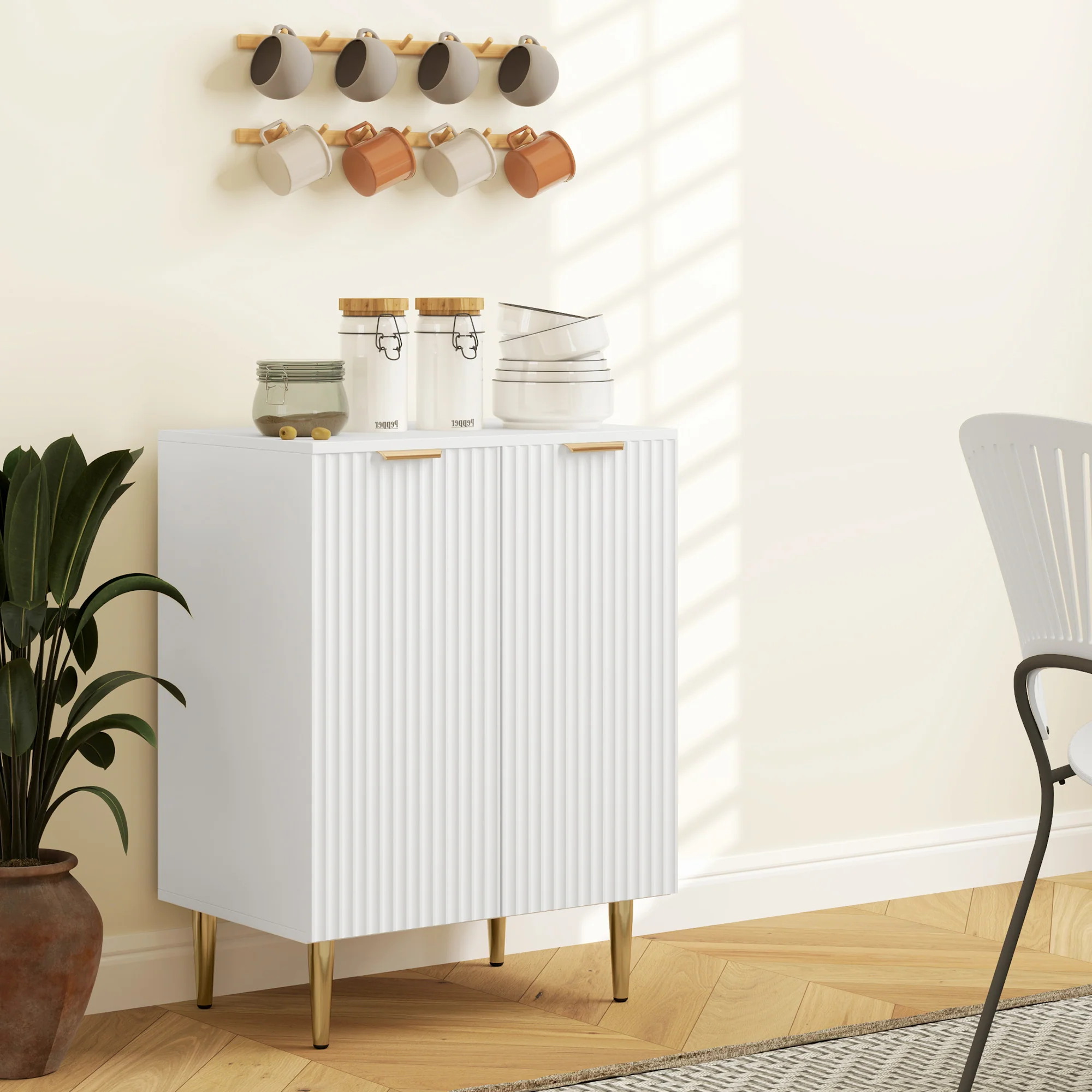 Buffet cuisine, meuble de rangement, avec 2 portes, étagère réglable, pieds métalliques surélevés, pour cuisine, salon, 60 x 40 x 80 cm, blanc - Image 9