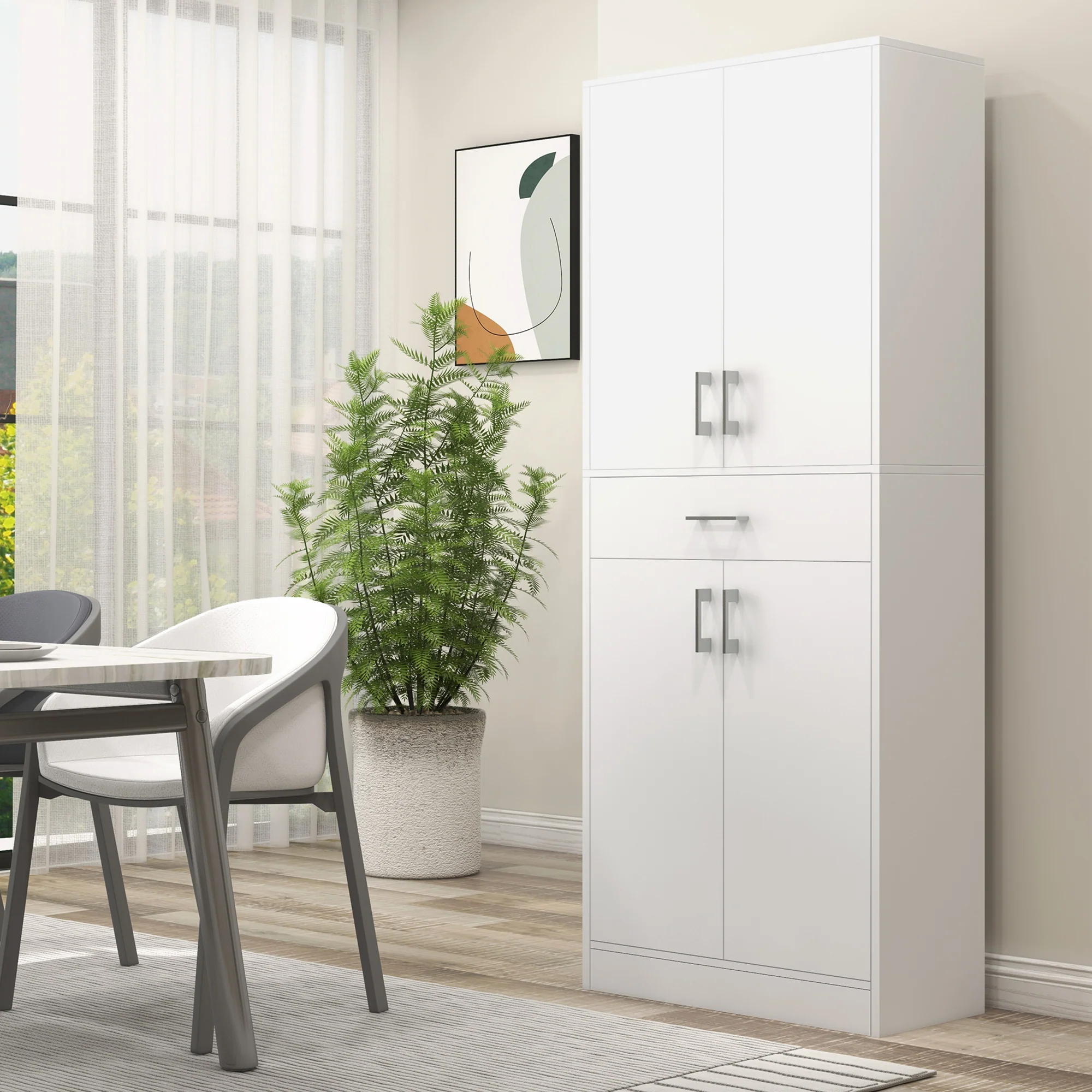 Buffet de cuisine armoire de cuisine buffet haut 2 étagères réglables 4 portes 2 placards et 1 tiroir central hauteur 180 cm blanc - Image 3