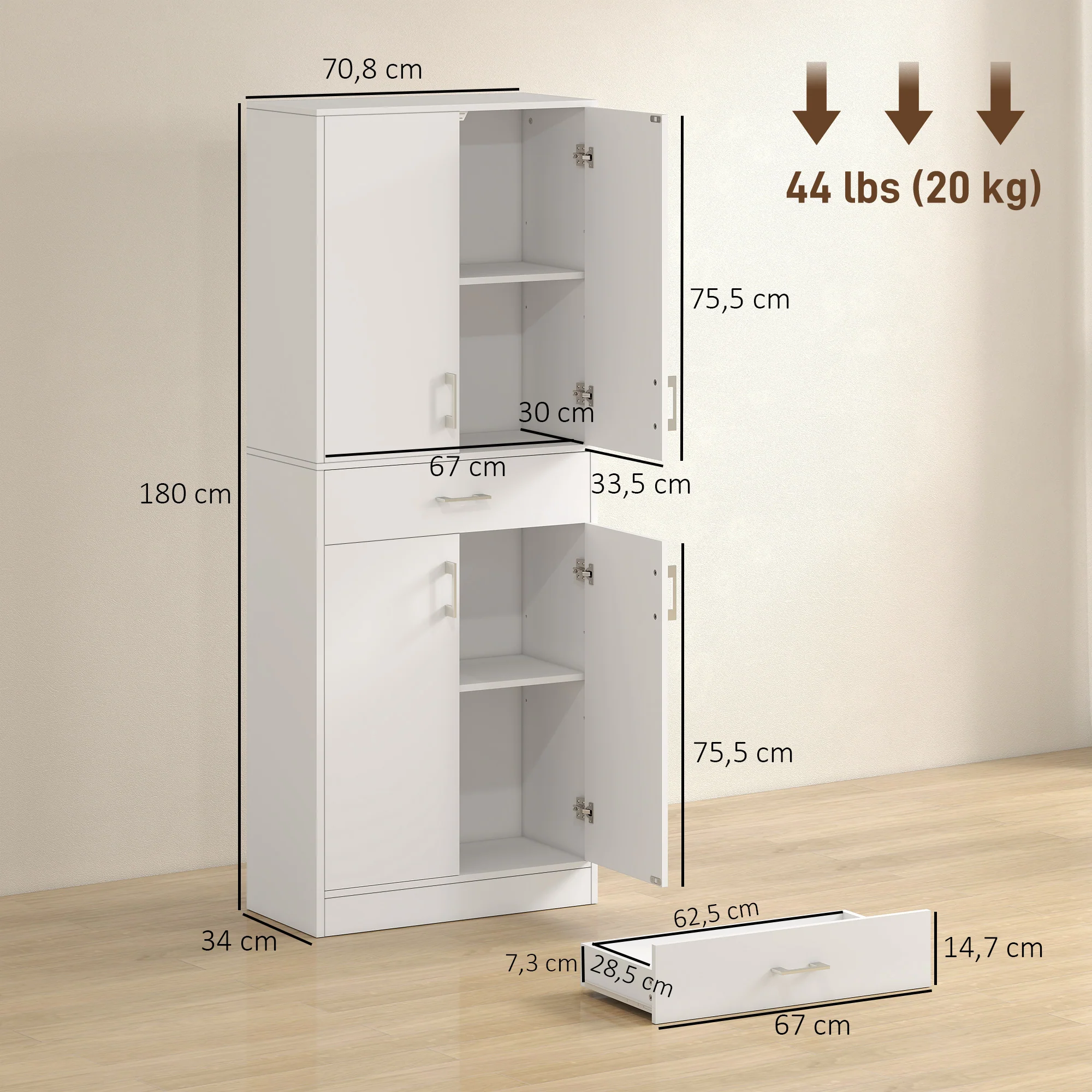 Buffet de cuisine armoire de cuisine buffet haut 2 étagères réglables 4 portes 2 placards et 1 tiroir central hauteur 180 cm blanc - Image 4