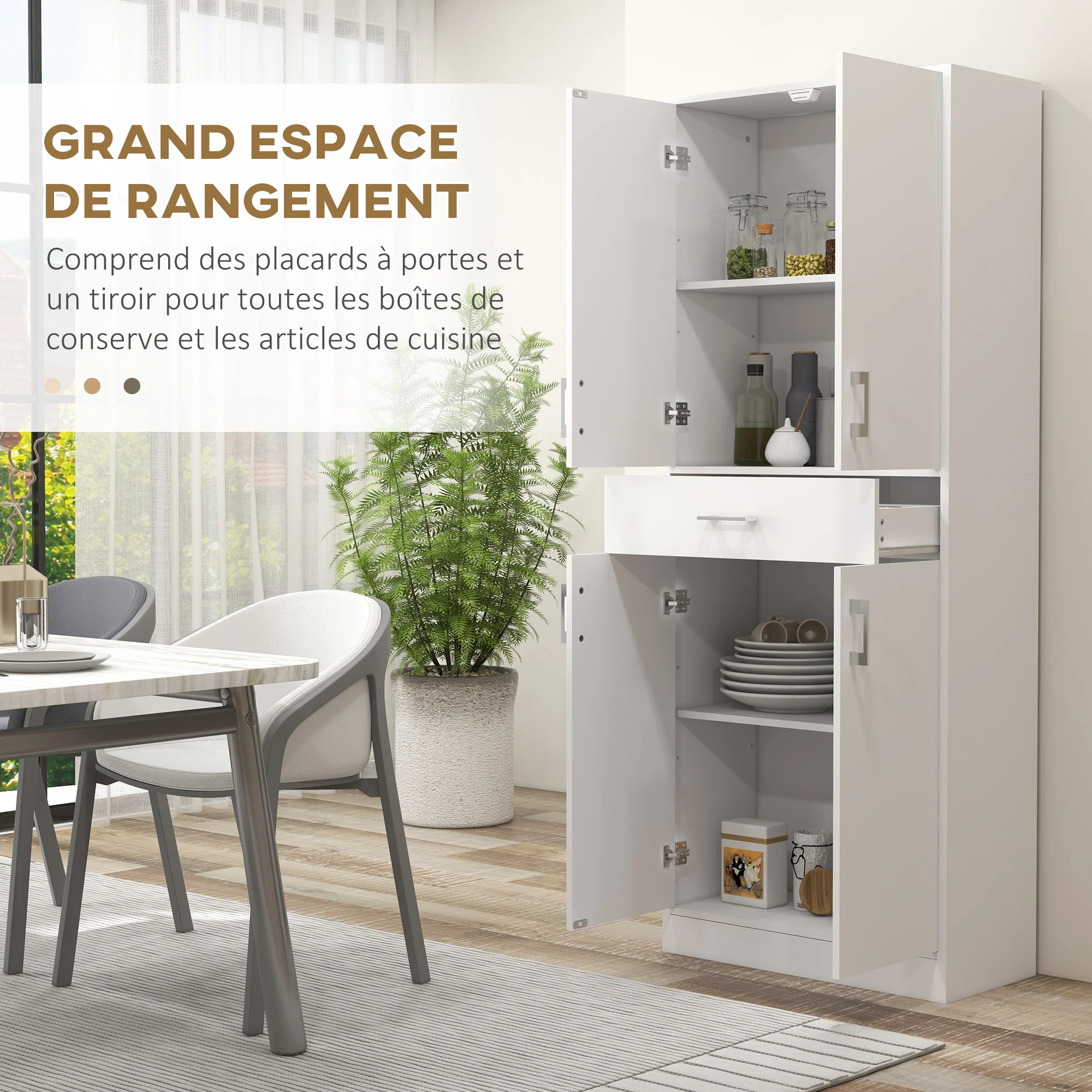 Buffet de cuisine armoire de cuisine buffet haut 2 étagères réglables 4 portes 2 placards et 1 tiroir central hauteur 180 cm blanc - Image 5