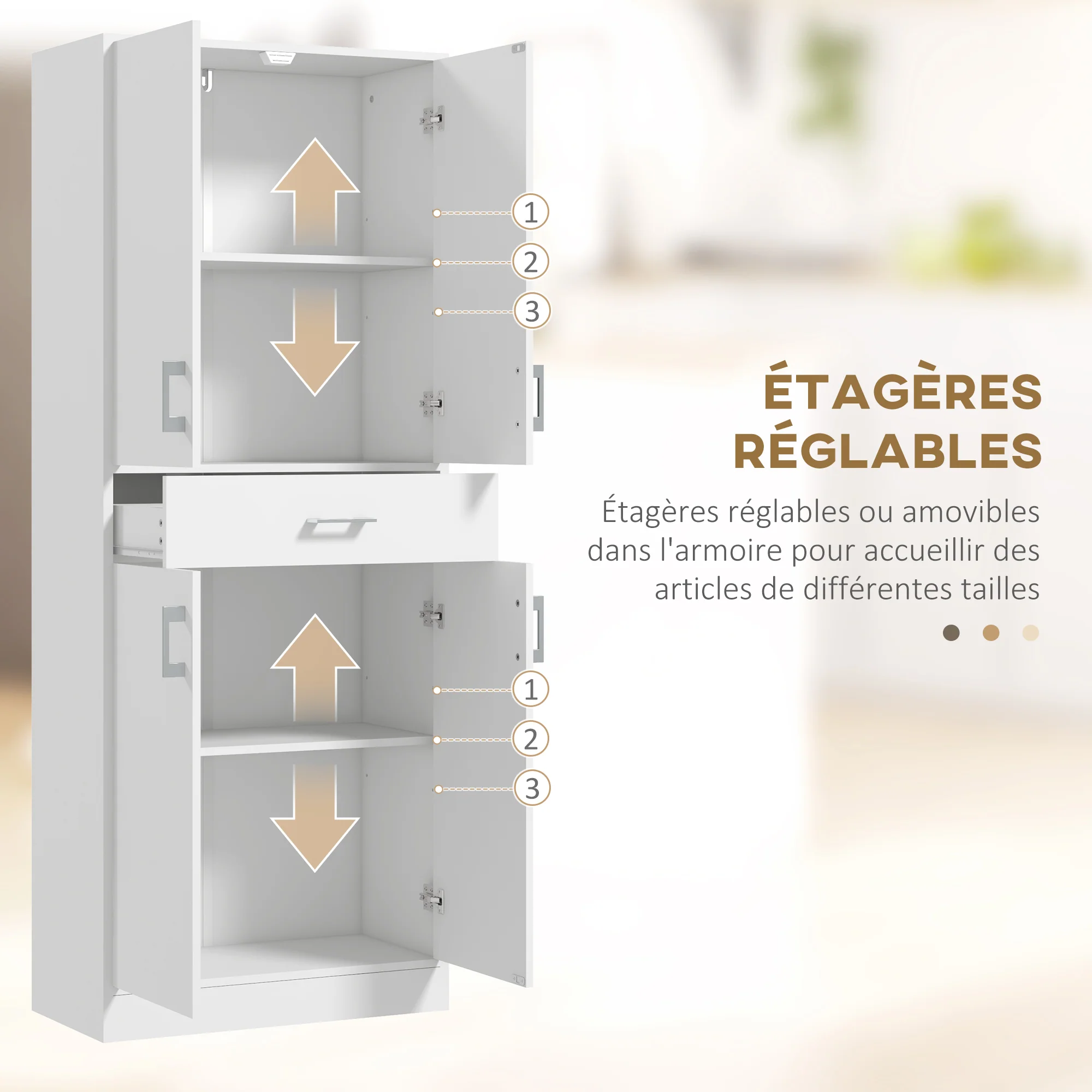 Buffet de cuisine armoire de cuisine buffet haut 2 étagères réglables 4 portes 2 placards et 1 tiroir central hauteur 180 cm blanc - Image 6