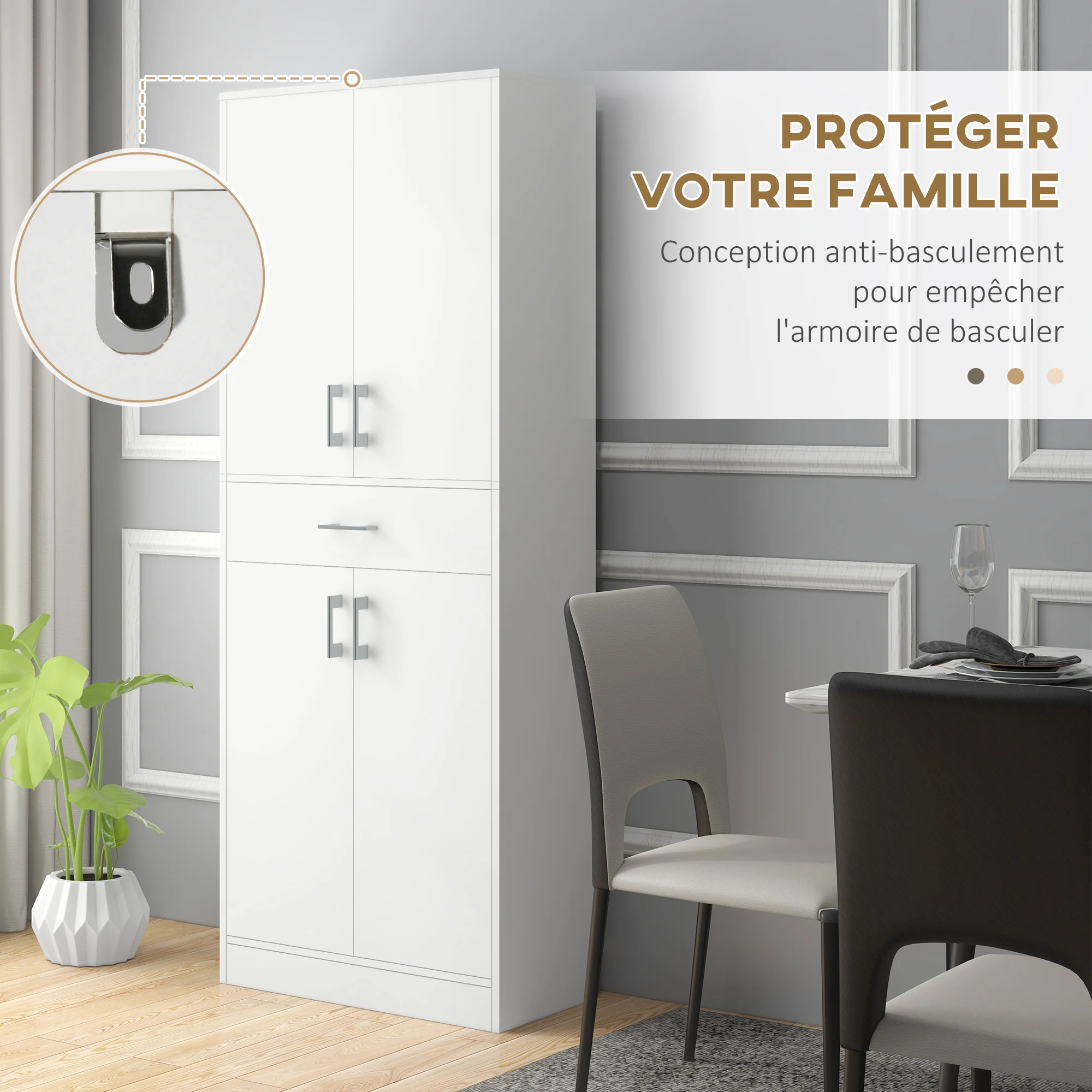 Buffet de cuisine armoire de cuisine buffet haut 2 étagères réglables 4 portes 2 placards et 1 tiroir central hauteur 180 cm blanc - Image 8