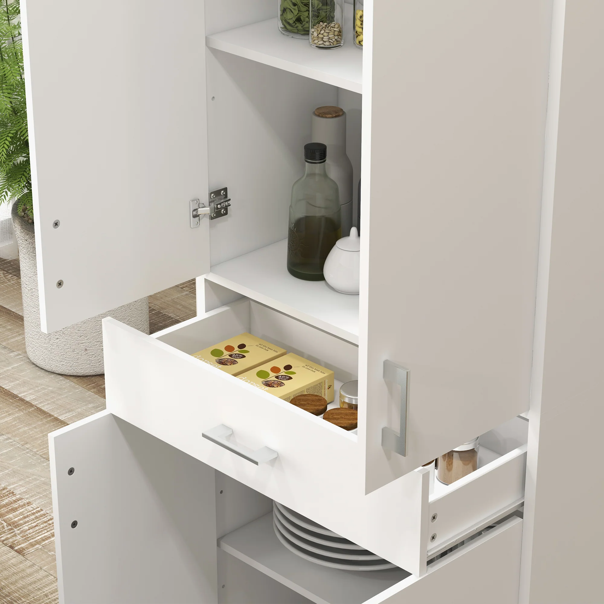 Buffet de cuisine armoire de cuisine buffet haut 2 étagères réglables 4 portes 2 placards et 1 tiroir central hauteur 180 cm blanc - Image 9