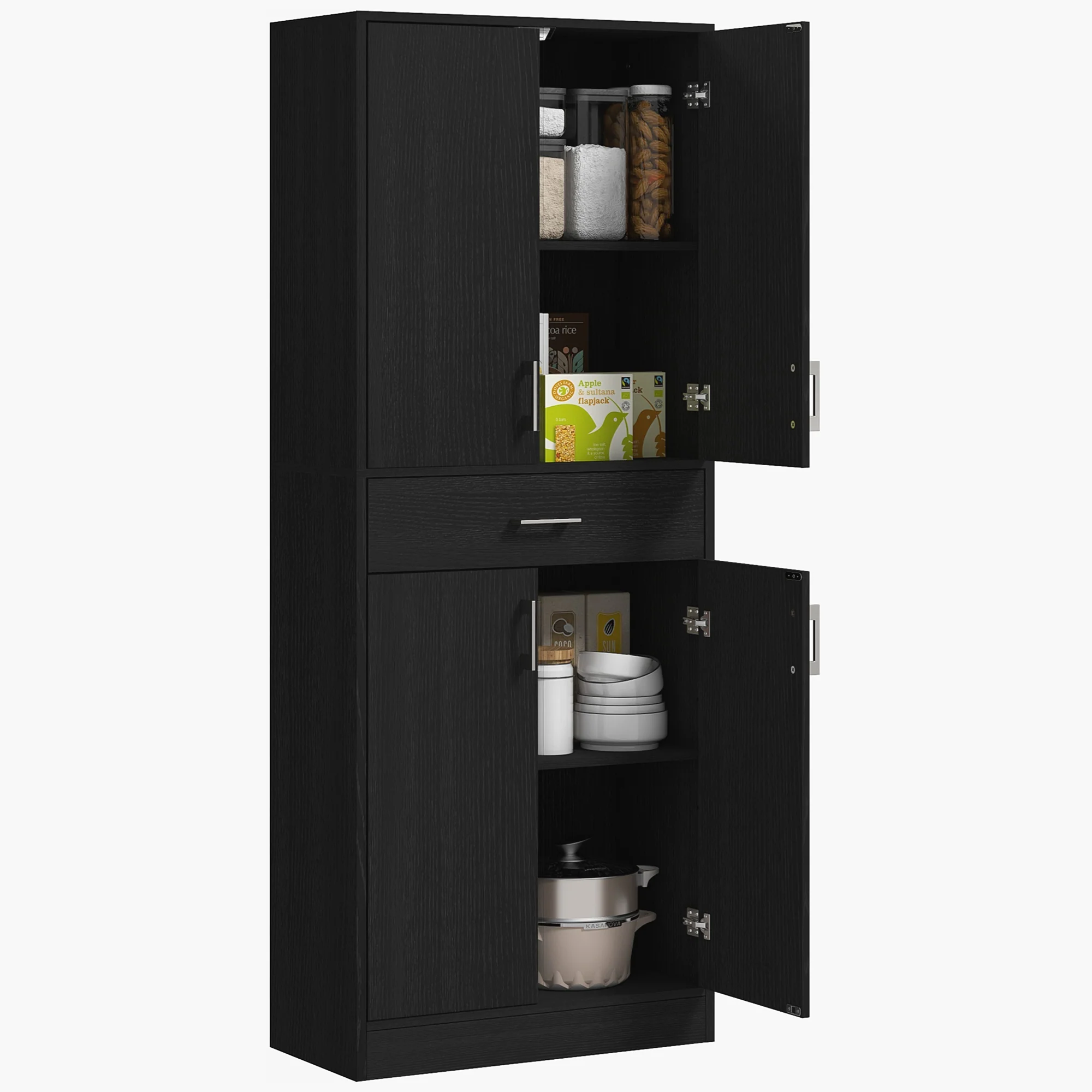 Buffet de cuisine armoire de cuisine buffet haut 2 étagères réglables 4 portes 2 placards et 1 tiroir central hauteur 180 cm noir - Image 11