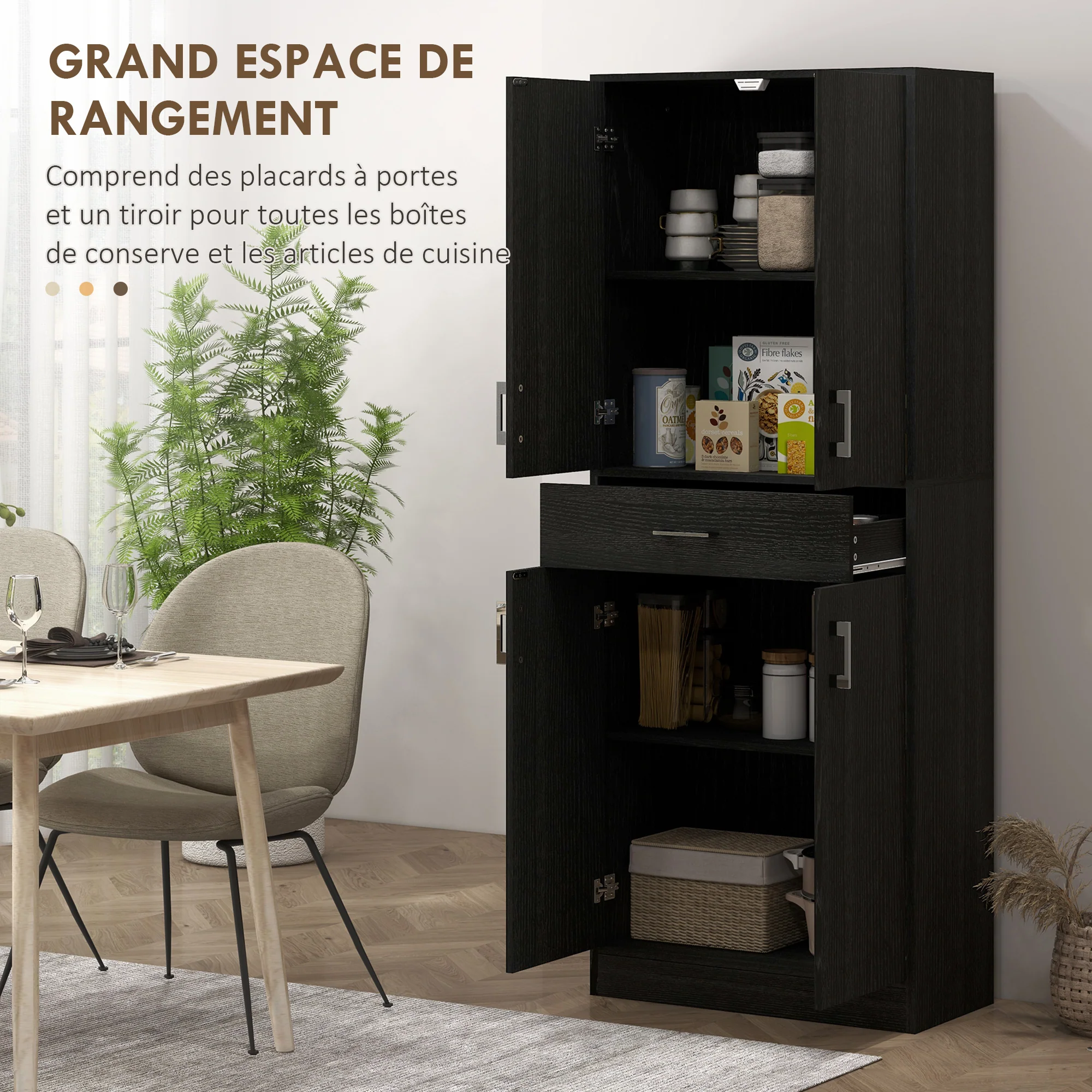 Buffet de cuisine armoire de cuisine buffet haut 2 étagères réglables 4 portes 2 placards et 1 tiroir central hauteur 180 cm noir - Image 5