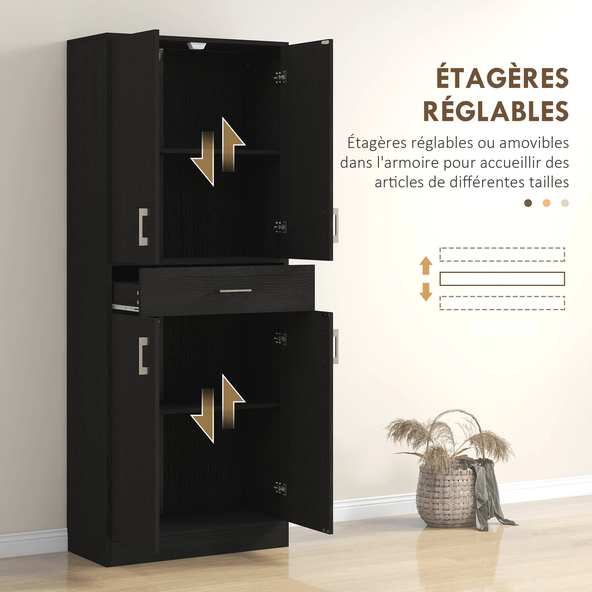 Buffet de cuisine armoire de cuisine buffet haut 2 étagères réglables 4 portes 2 placards et 1 tiroir central hauteur 180 cm noir - Image 6