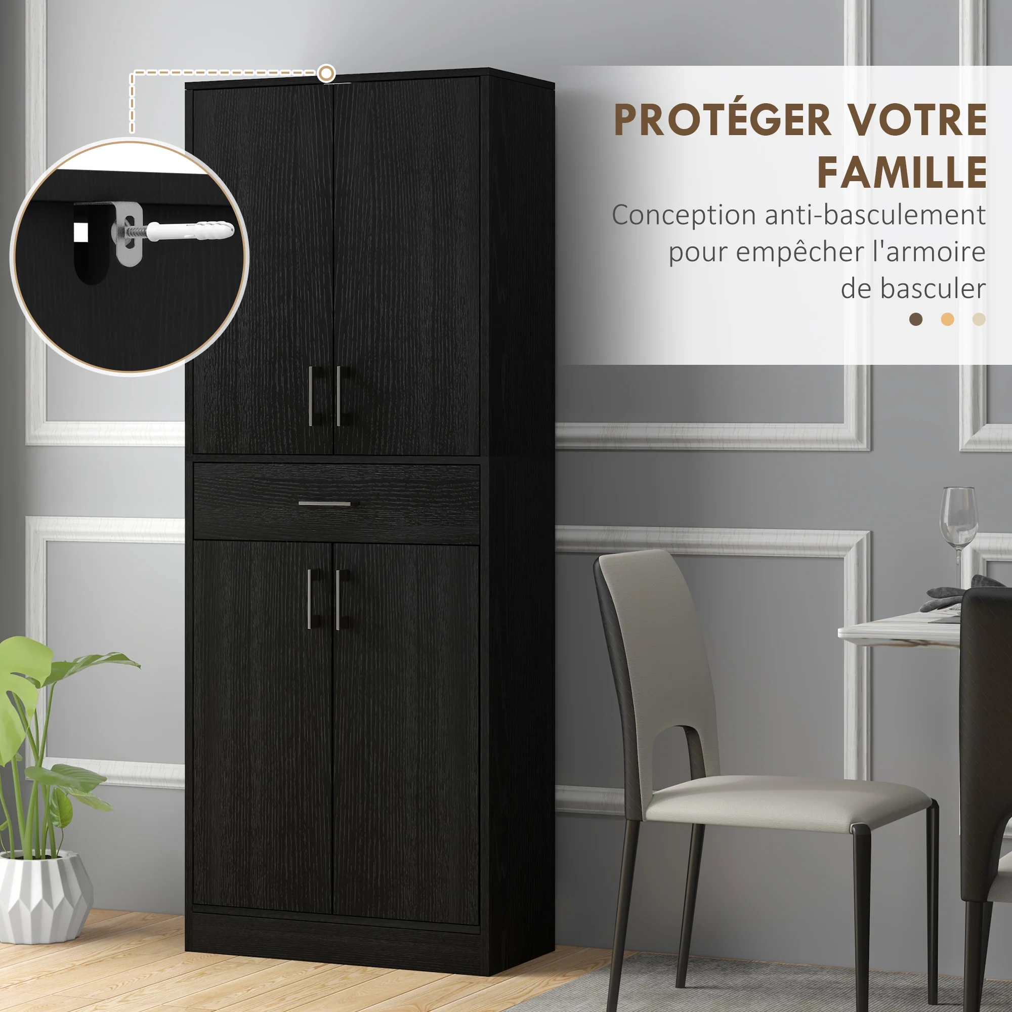 Buffet de cuisine armoire de cuisine buffet haut 2 étagères réglables 4 portes 2 placards et 1 tiroir central hauteur 180 cm noir - Image 8