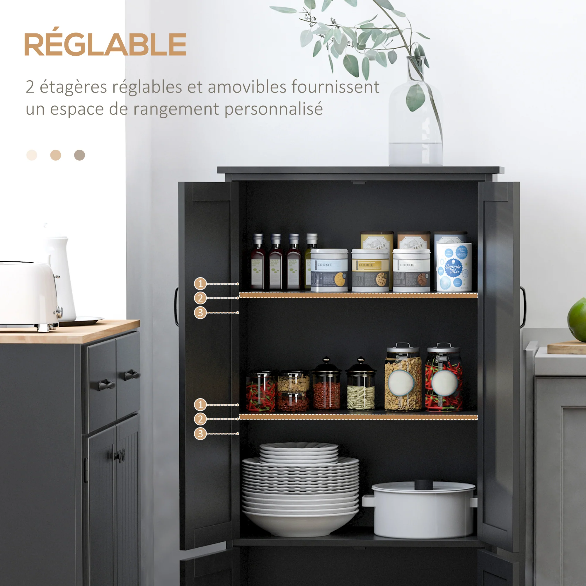 Buffet de cuisine armoire de cuisine contemporaine multi-rangements 2 placards 3 étagères MDF panneaux particules noir - Image 7