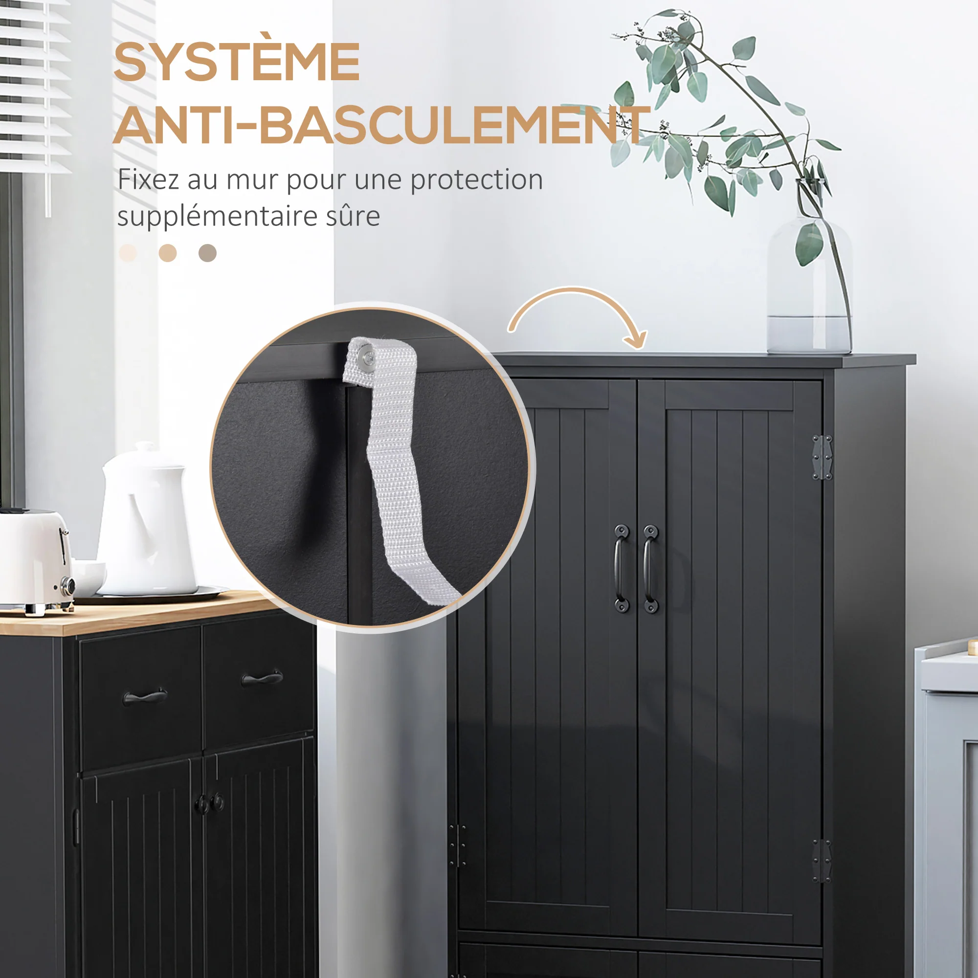 Buffet de cuisine armoire de cuisine contemporaine multi-rangements 2 placards 3 étagères MDF panneaux particules noir - Image 8