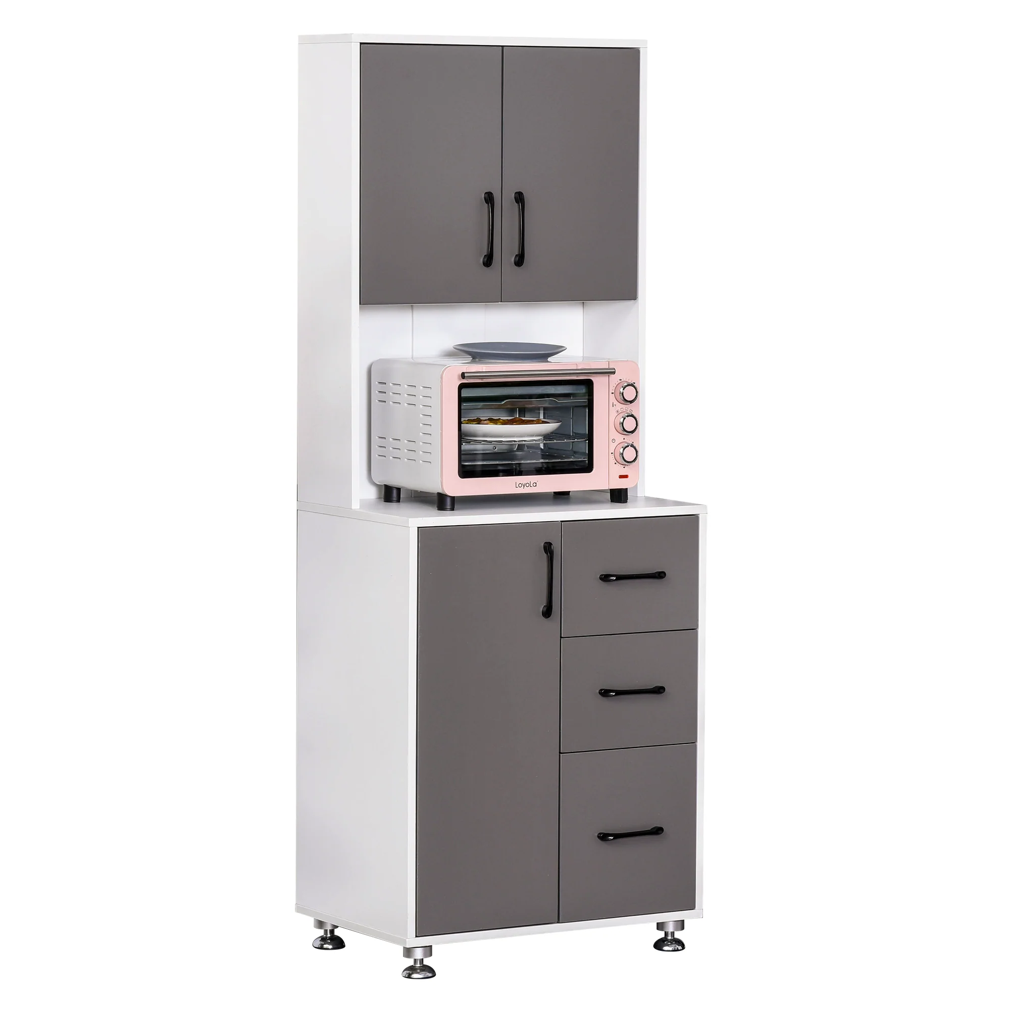 Buffet de cuisine armoire de cuisine multi-rangements 2 + 1 porte 3 tiroirs + grand plateau dim. 60L x 40l x 160H cm bicolore gris blanc - Image 11