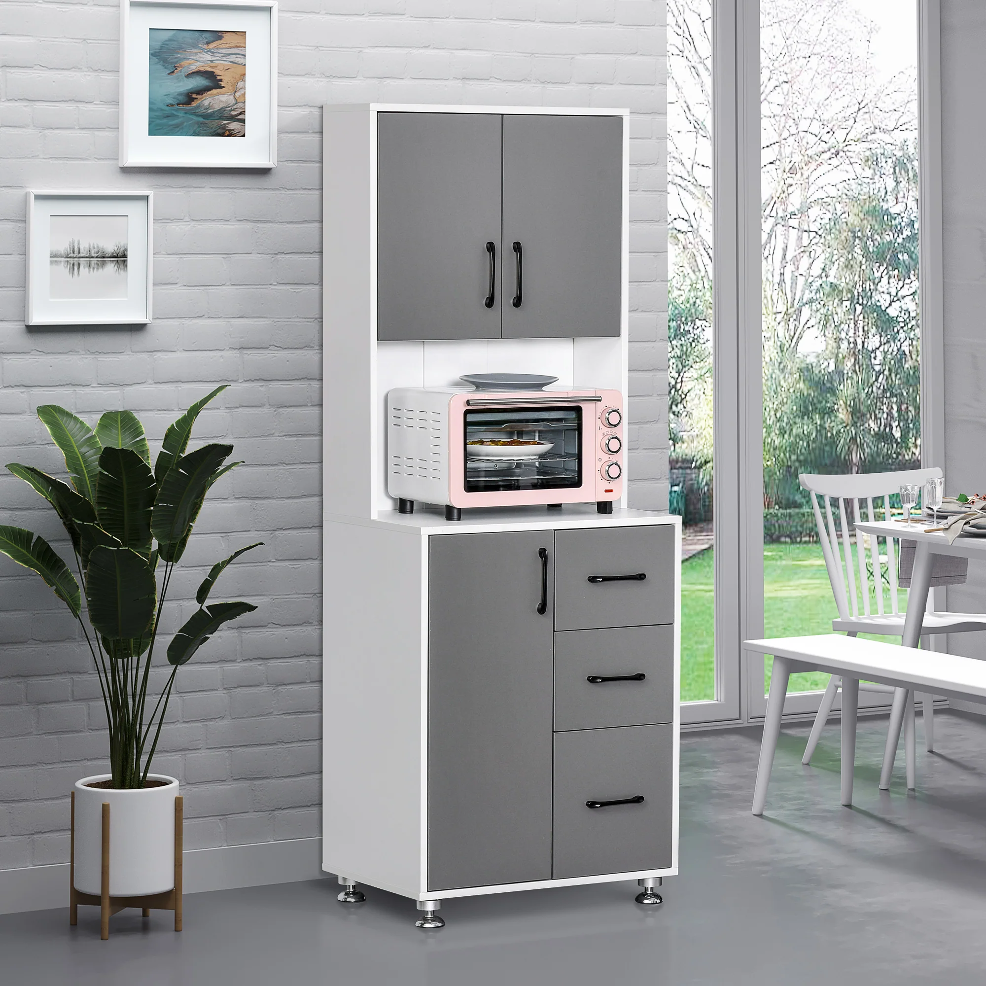 Buffet de cuisine armoire de cuisine multi-rangements 2 + 1 porte 3 tiroirs + grand plateau dim. 60L x 40l x 160H cm bicolore gris blanc - Image 3