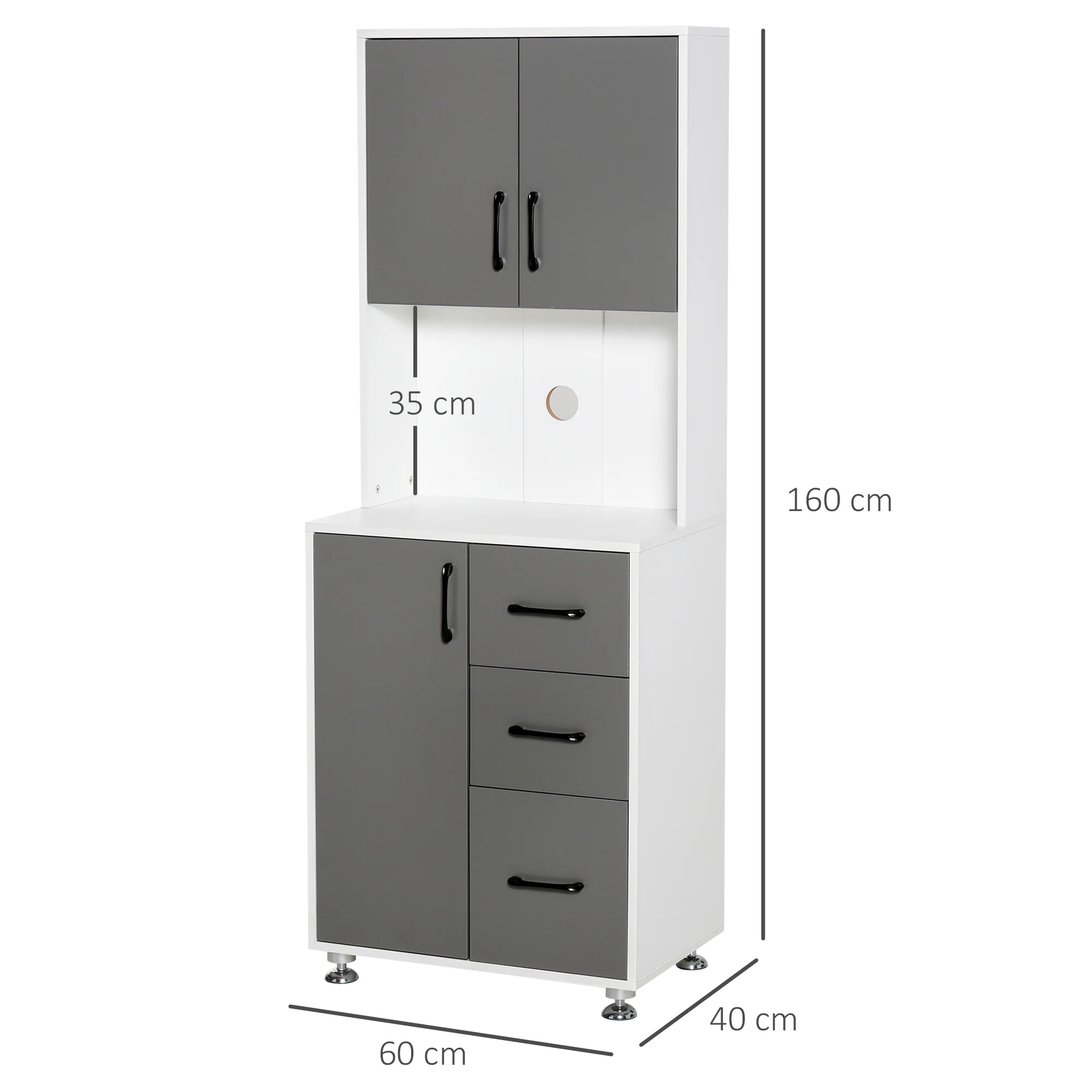 Buffet de cuisine armoire de cuisine multi-rangements 2 + 1 porte 3 tiroirs + grand plateau dim. 60L x 40l x 160H cm bicolore gris blanc - Image 4