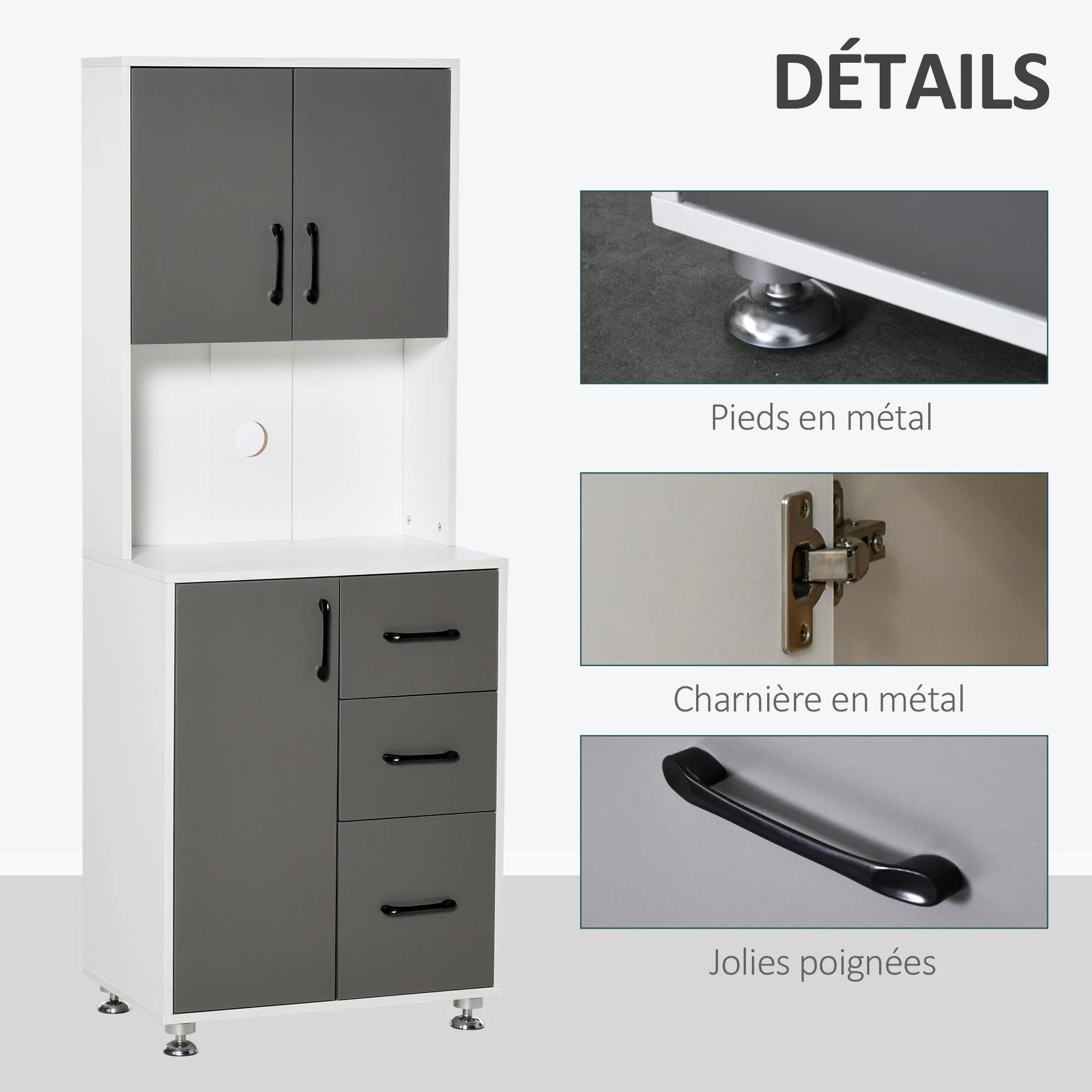 Buffet de cuisine armoire de cuisine multi-rangements 2 + 1 porte 3 tiroirs + grand plateau dim. 60L x 40l x 160H cm bicolore gris blanc - Image 5