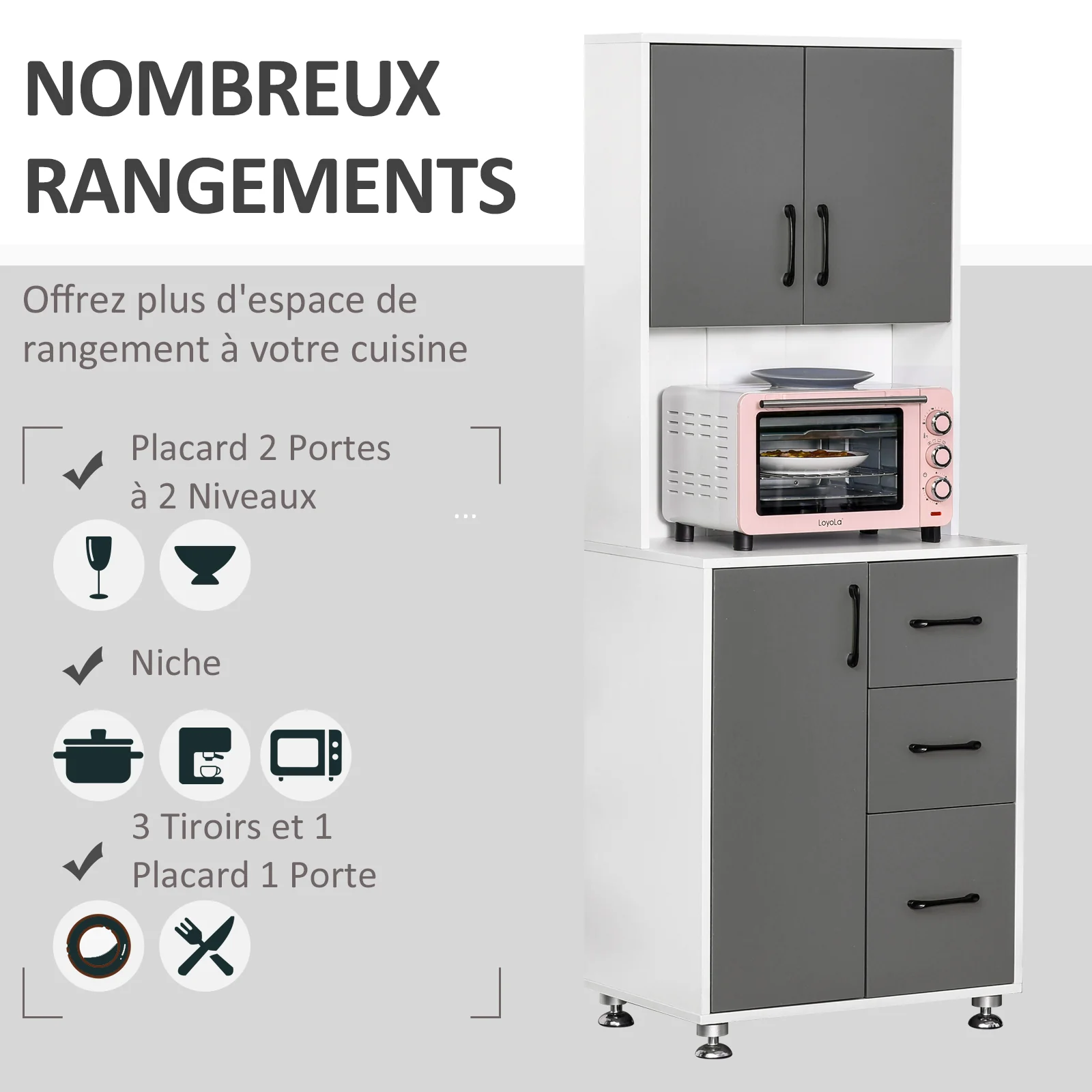 Buffet de cuisine armoire de cuisine multi-rangements 2 + 1 porte 3 tiroirs + grand plateau dim. 60L x 40l x 160H cm bicolore gris blanc - Image 6