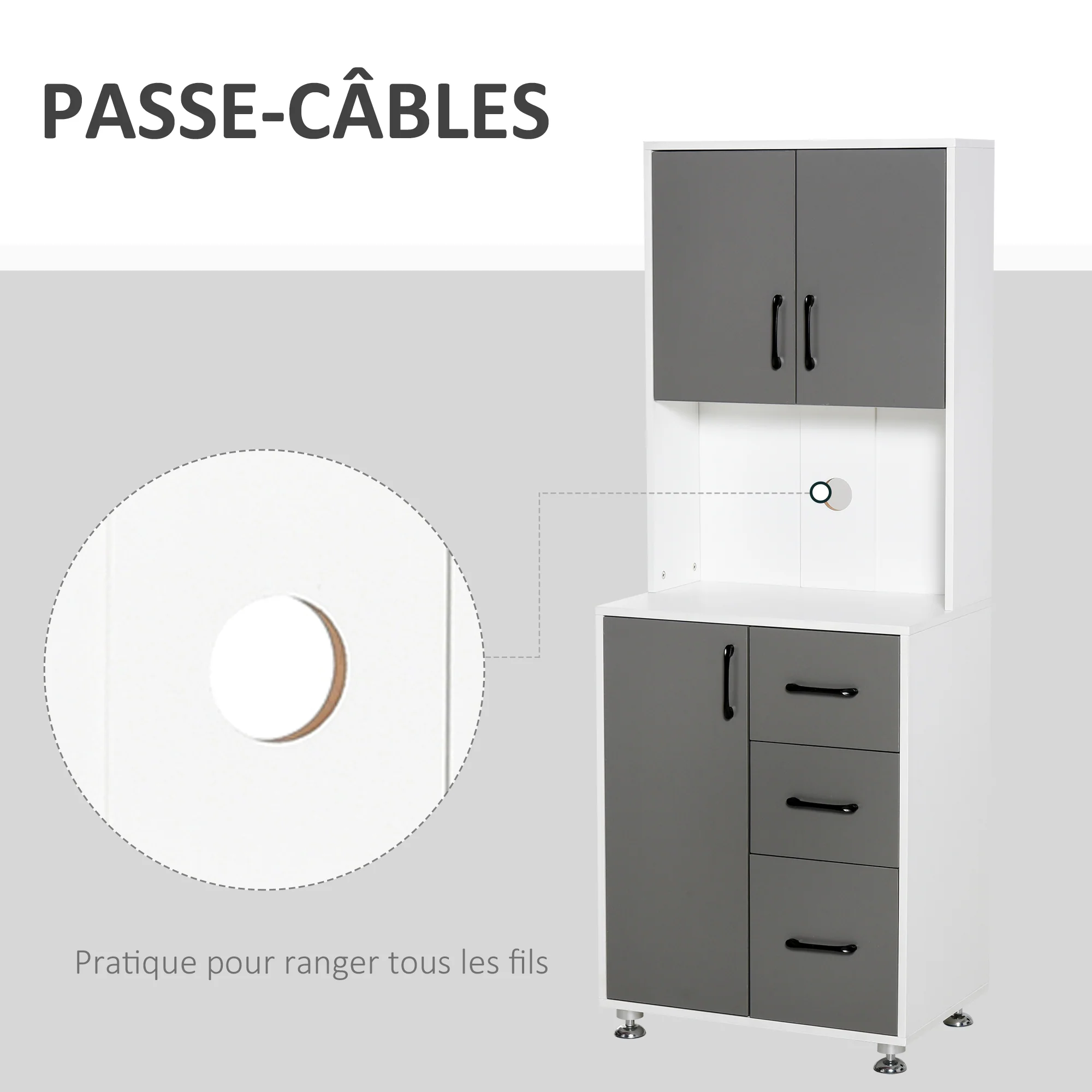 Buffet de cuisine armoire de cuisine multi-rangements 2 + 1 porte 3 tiroirs + grand plateau dim. 60L x 40l x 160H cm bicolore gris blanc - Image 7