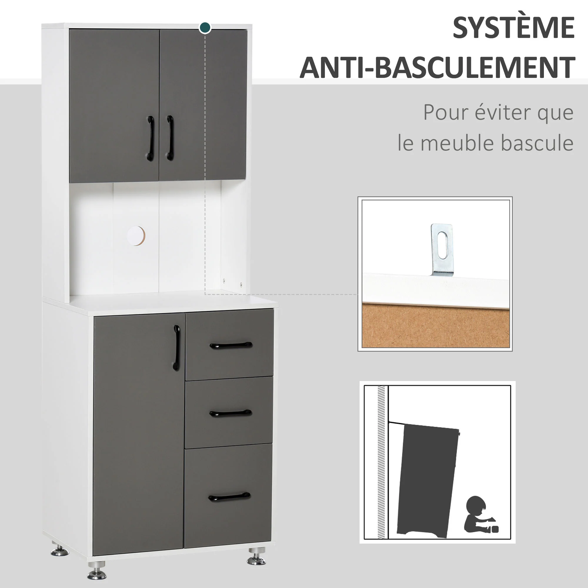 Buffet de cuisine armoire de cuisine multi-rangements 2 + 1 porte 3 tiroirs + grand plateau dim. 60L x 40l x 160H cm bicolore gris blanc - Image 8