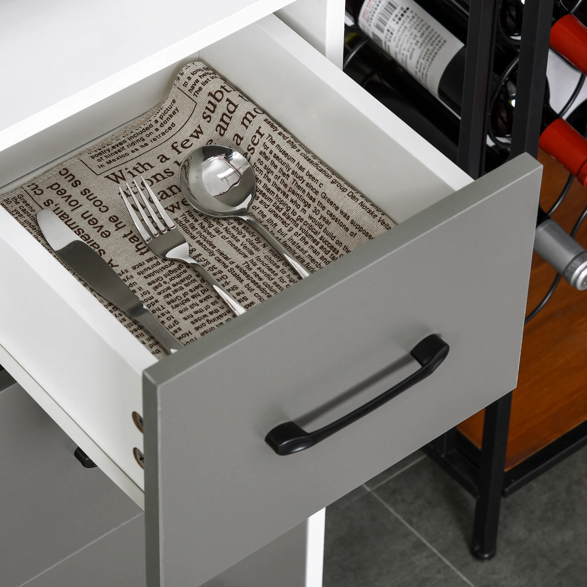 Buffet de cuisine armoire de cuisine multi-rangements 2 + 1 porte 3 tiroirs + grand plateau dim. 60L x 40l x 160H cm bicolore gris blanc - Image 9
