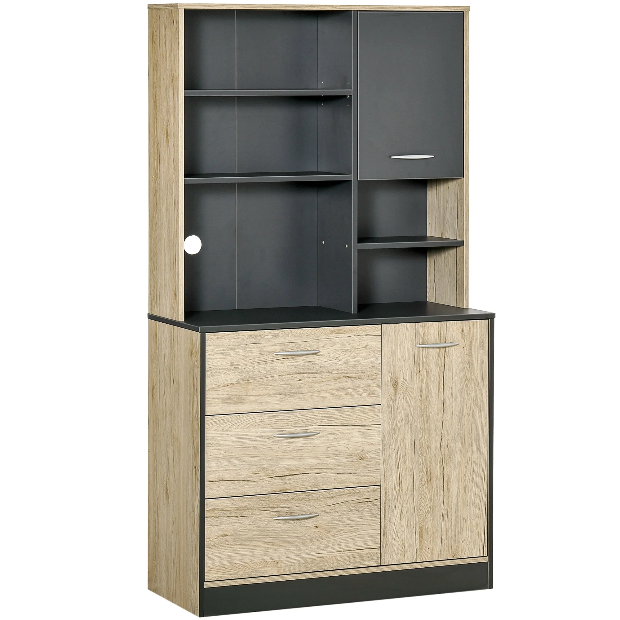 Buffet de cuisine armoire de cuisine multi-rangements 2 portes 3 tiroirs 3 étagères + grand plateau 90L x 39l x 169H cm bicolore chêne clair gris - Image 11