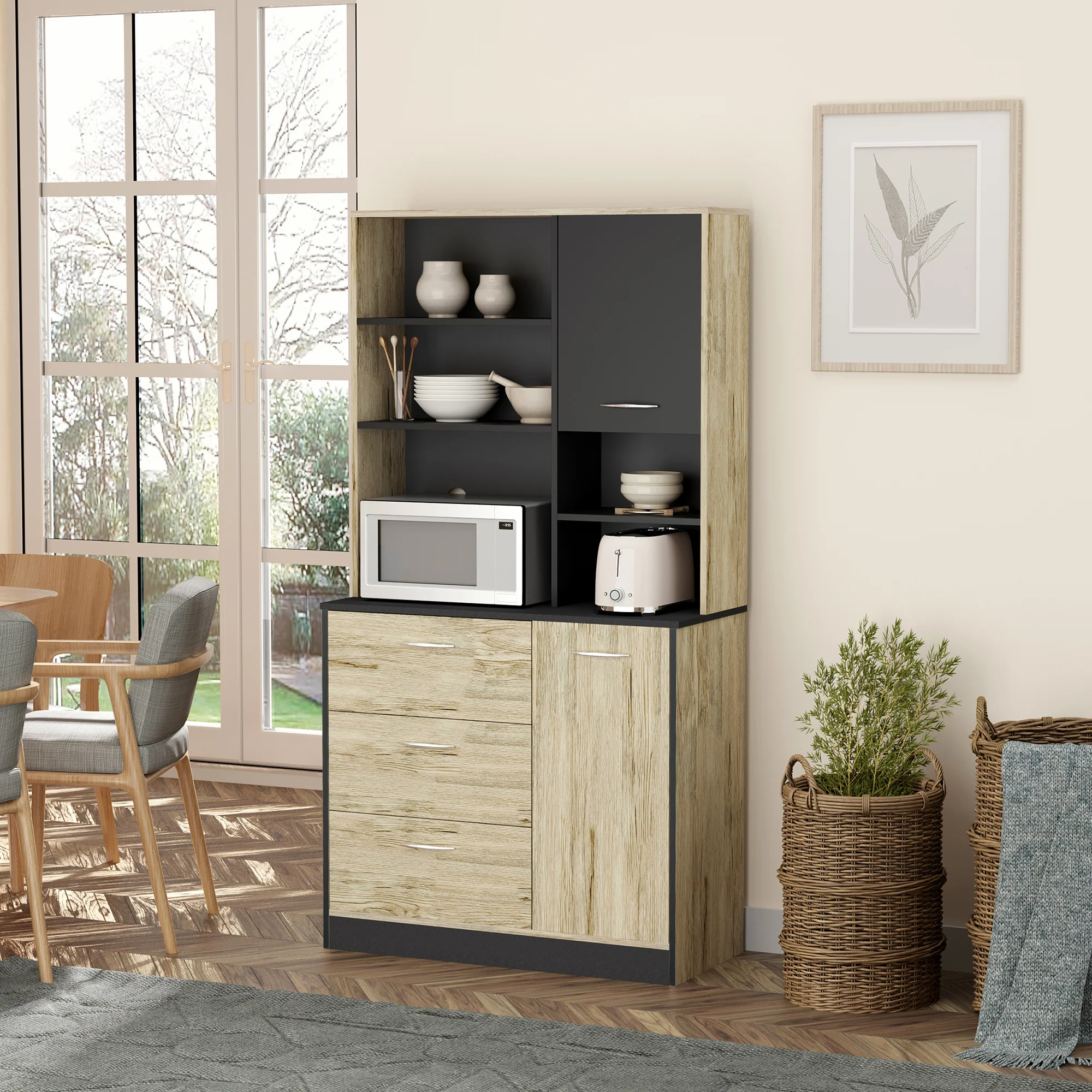 Buffet de cuisine armoire de cuisine multi-rangements 2 portes 3 tiroirs 3 étagères + grand plateau 90L x 39l x 169H cm bicolore chêne clair gris - Image 3