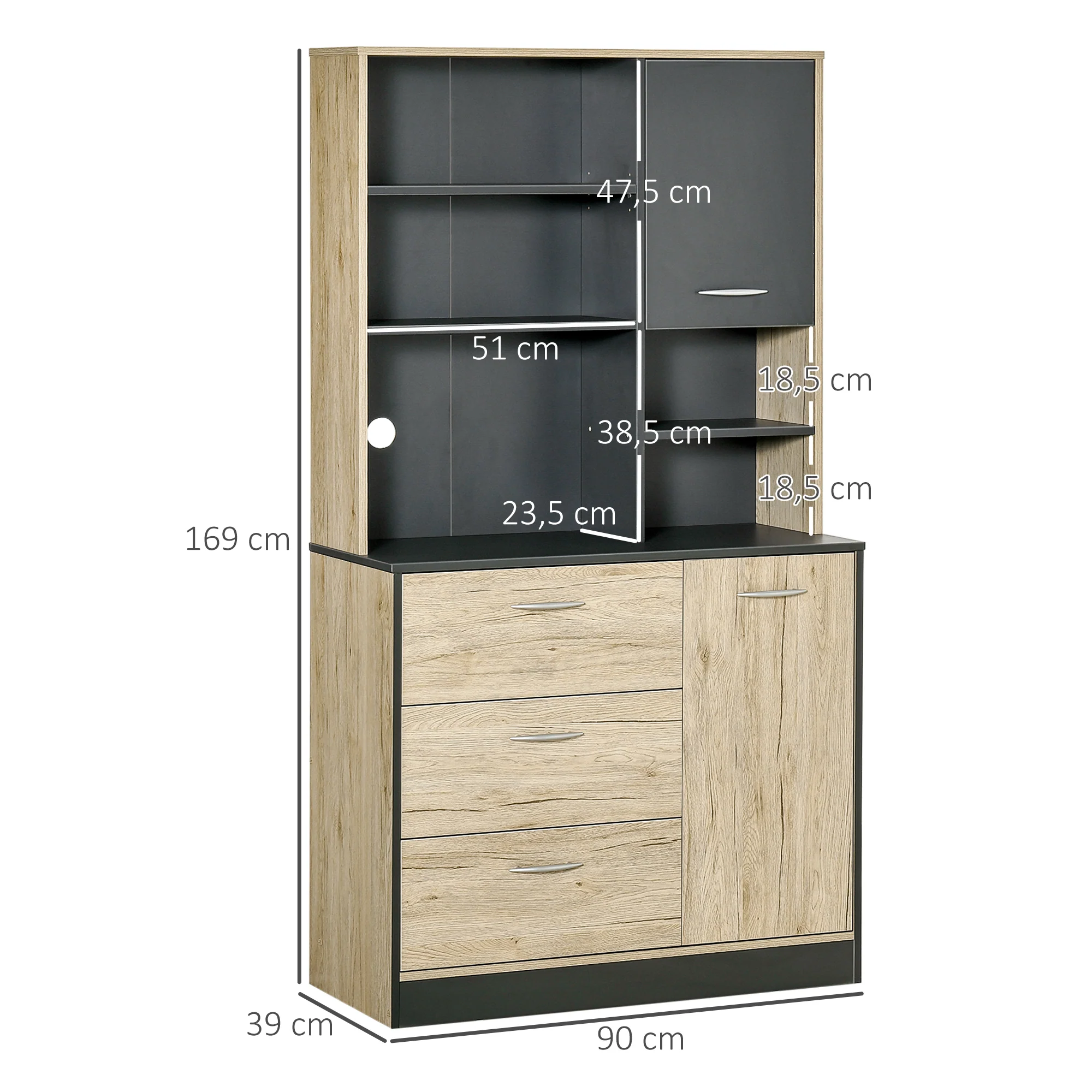 Buffet de cuisine armoire de cuisine multi-rangements 2 portes 3 tiroirs 3 étagères + grand plateau 90L x 39l x 169H cm bicolore chêne clair gris - Image 4