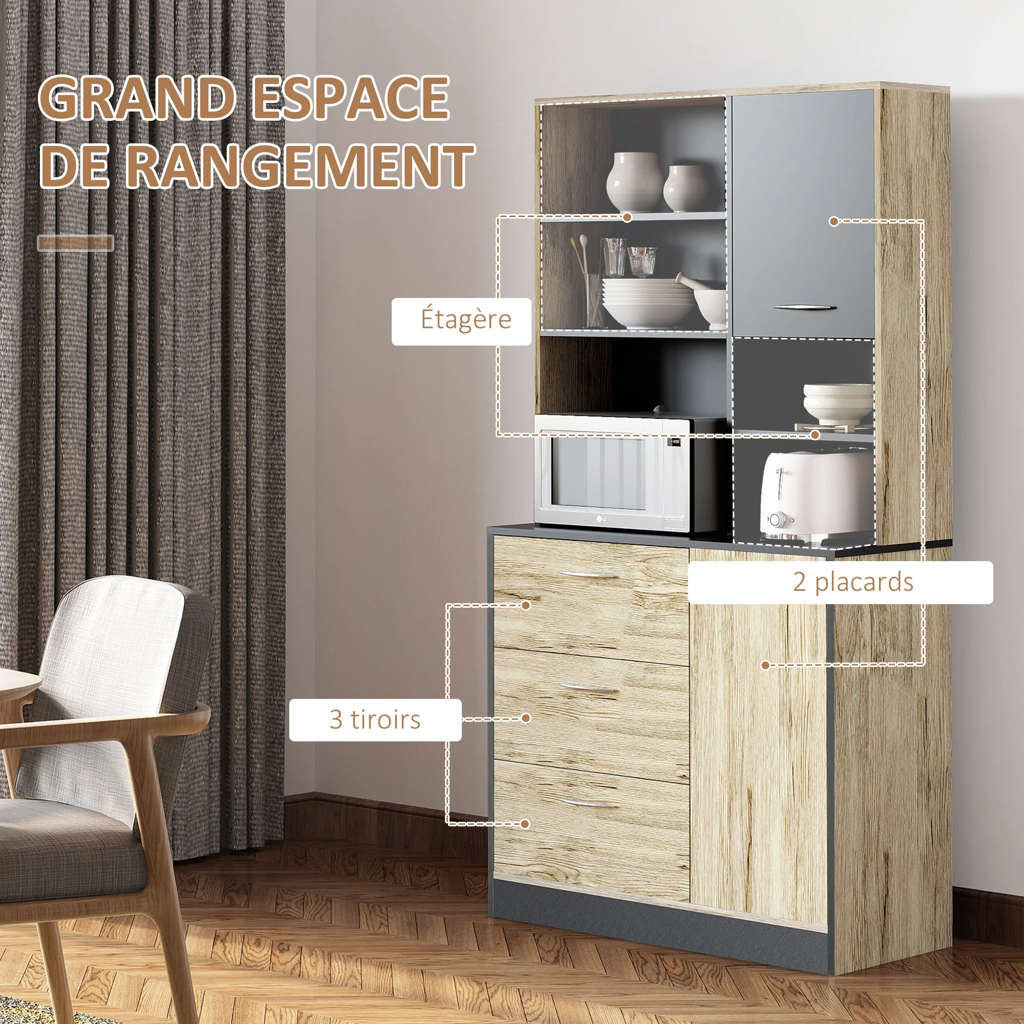 Buffet de cuisine armoire de cuisine multi-rangements 2 portes 3 tiroirs 3 étagères + grand plateau 90L x 39l x 169H cm bicolore chêne clair gris - Image 5