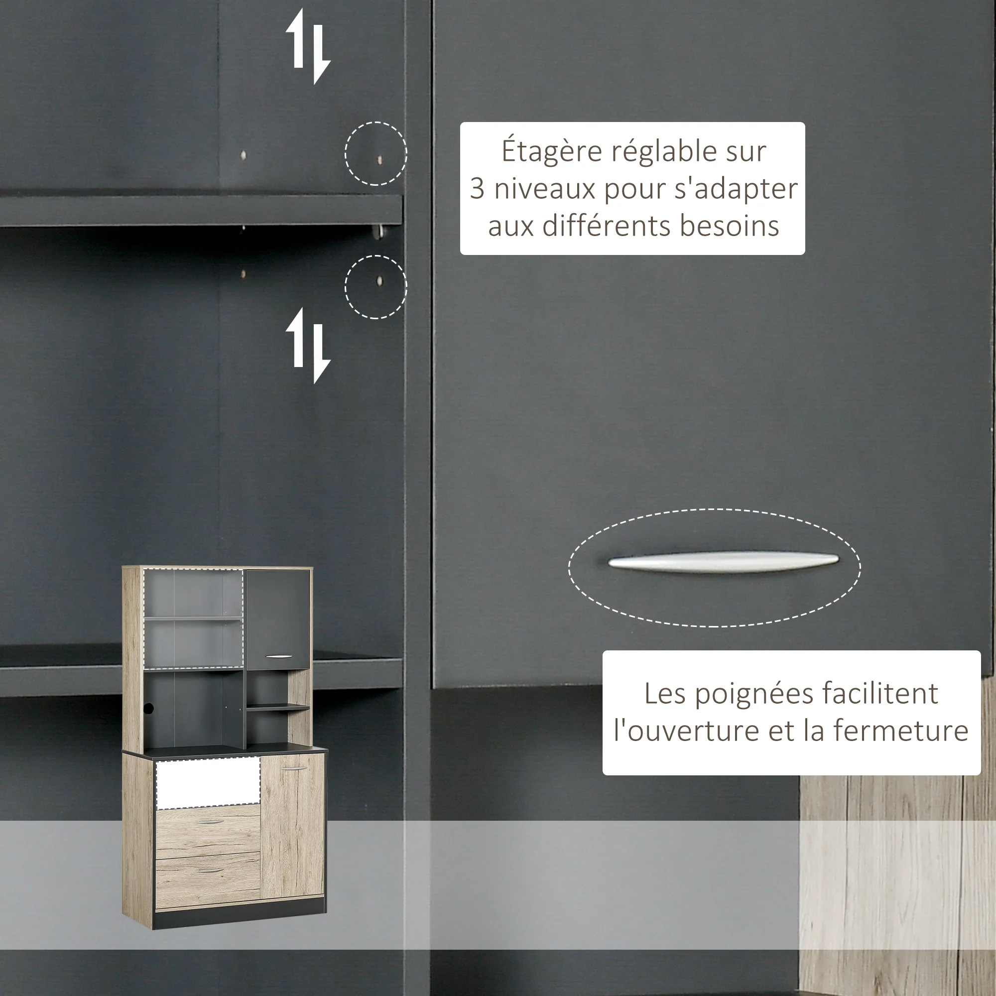 Buffet de cuisine armoire de cuisine multi-rangements 2 portes 3 tiroirs 3 étagères + grand plateau 90L x 39l x 169H cm bicolore chêne clair gris - Image 6