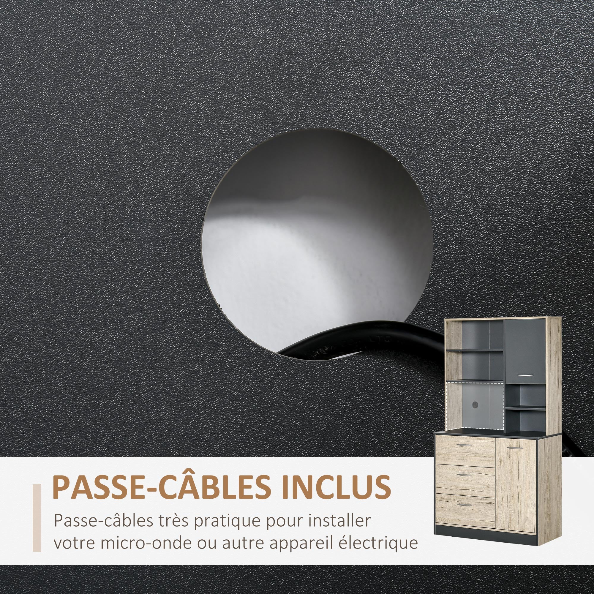Buffet de cuisine armoire de cuisine multi-rangements 2 portes 3 tiroirs 3 étagères + grand plateau 90L x 39l x 169H cm bicolore chêne clair gris - Image 7