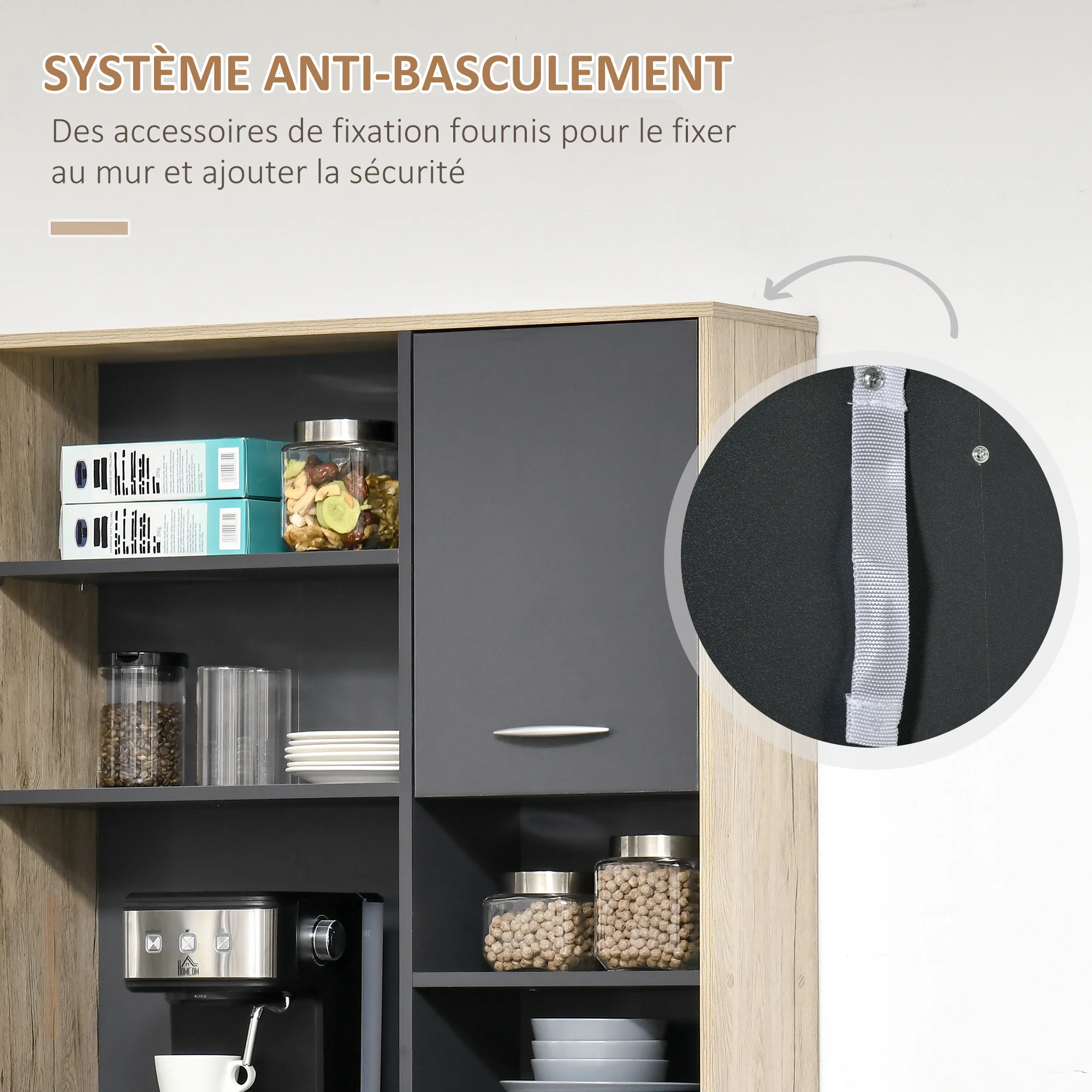 Buffet de cuisine armoire de cuisine multi-rangements 2 portes 3 tiroirs 3 étagères + grand plateau 90L x 39l x 169H cm bicolore chêne clair gris - Image 8