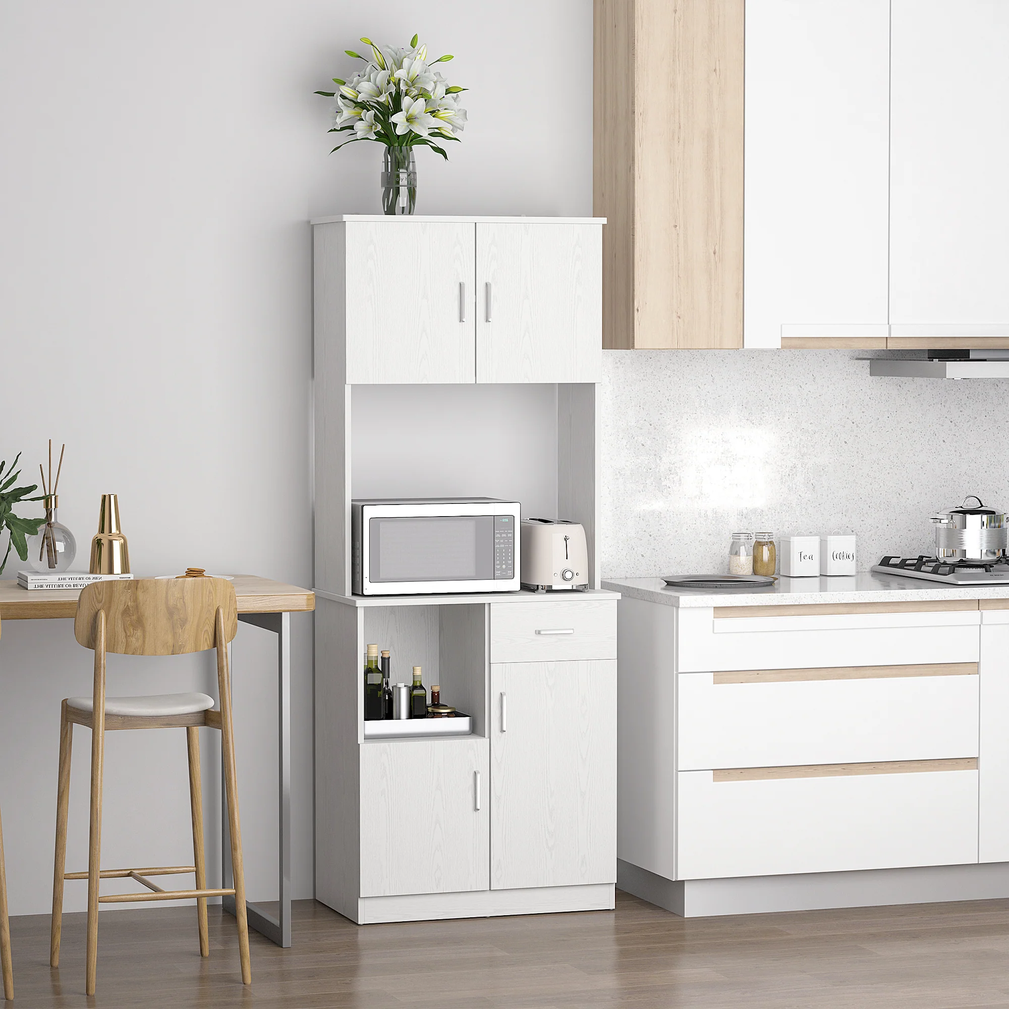Buffet de cuisine armoire de cuisine multi-rangements 4 portes 1 tiroirs étagère + grand plateau 71 x 41 x 178 cm MDF blanc - Image 3