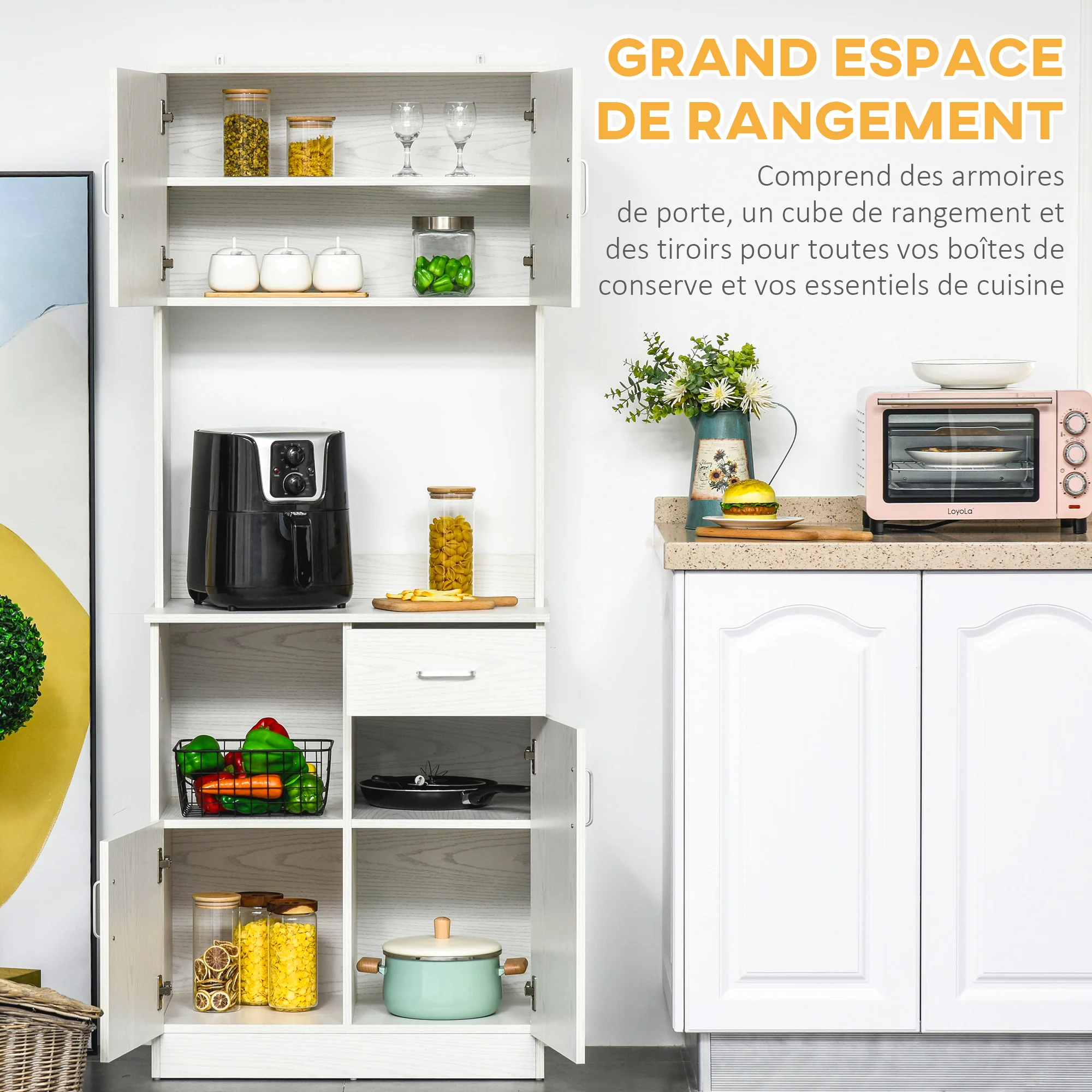 Buffet de cuisine armoire de cuisine multi-rangements 4 portes 1 tiroirs étagère + grand plateau 71 x 41 x 178 cm MDF blanc - Image 5