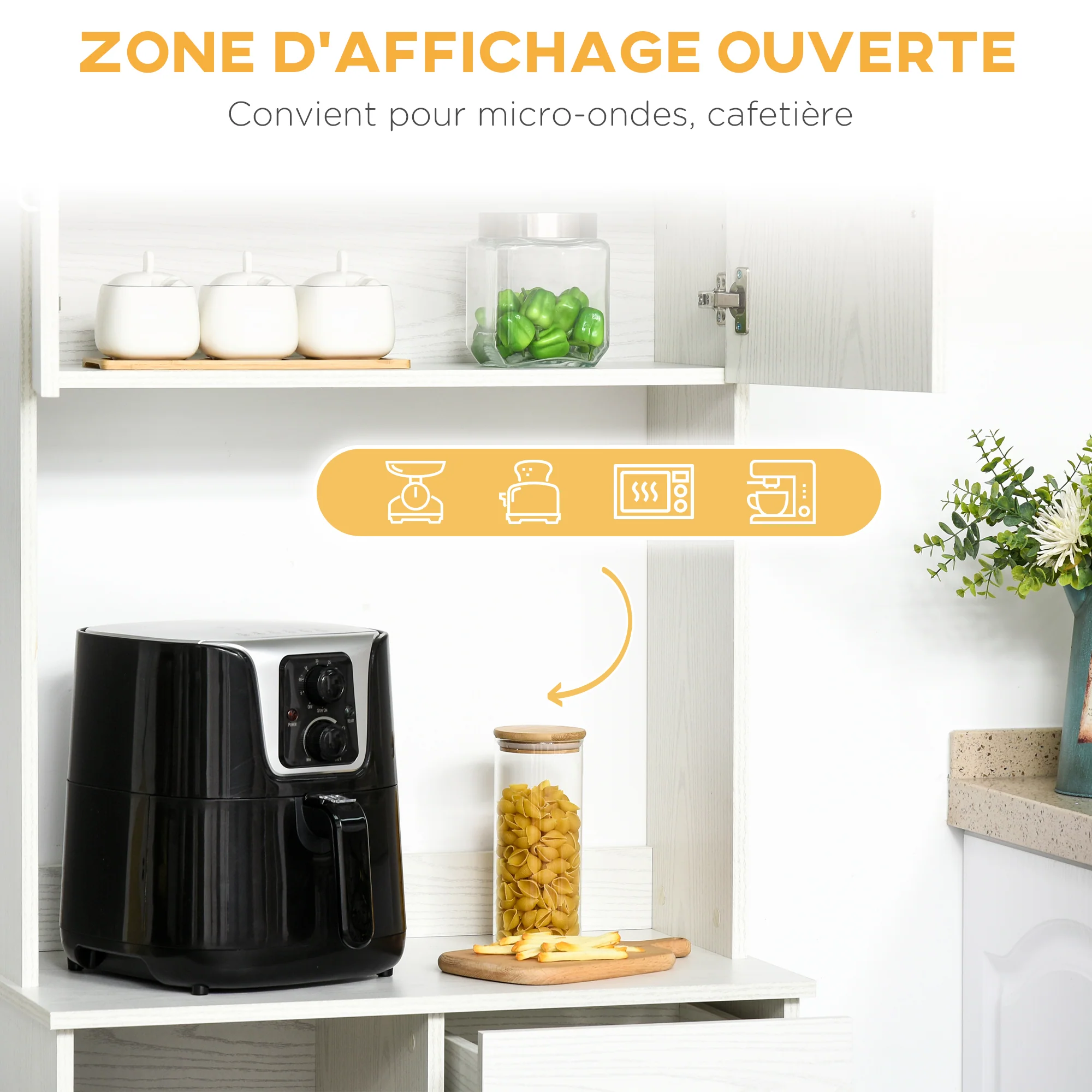 Buffet de cuisine armoire de cuisine multi-rangements 4 portes 1 tiroirs étagère + grand plateau 71 x 41 x 178 cm MDF blanc - Image 6