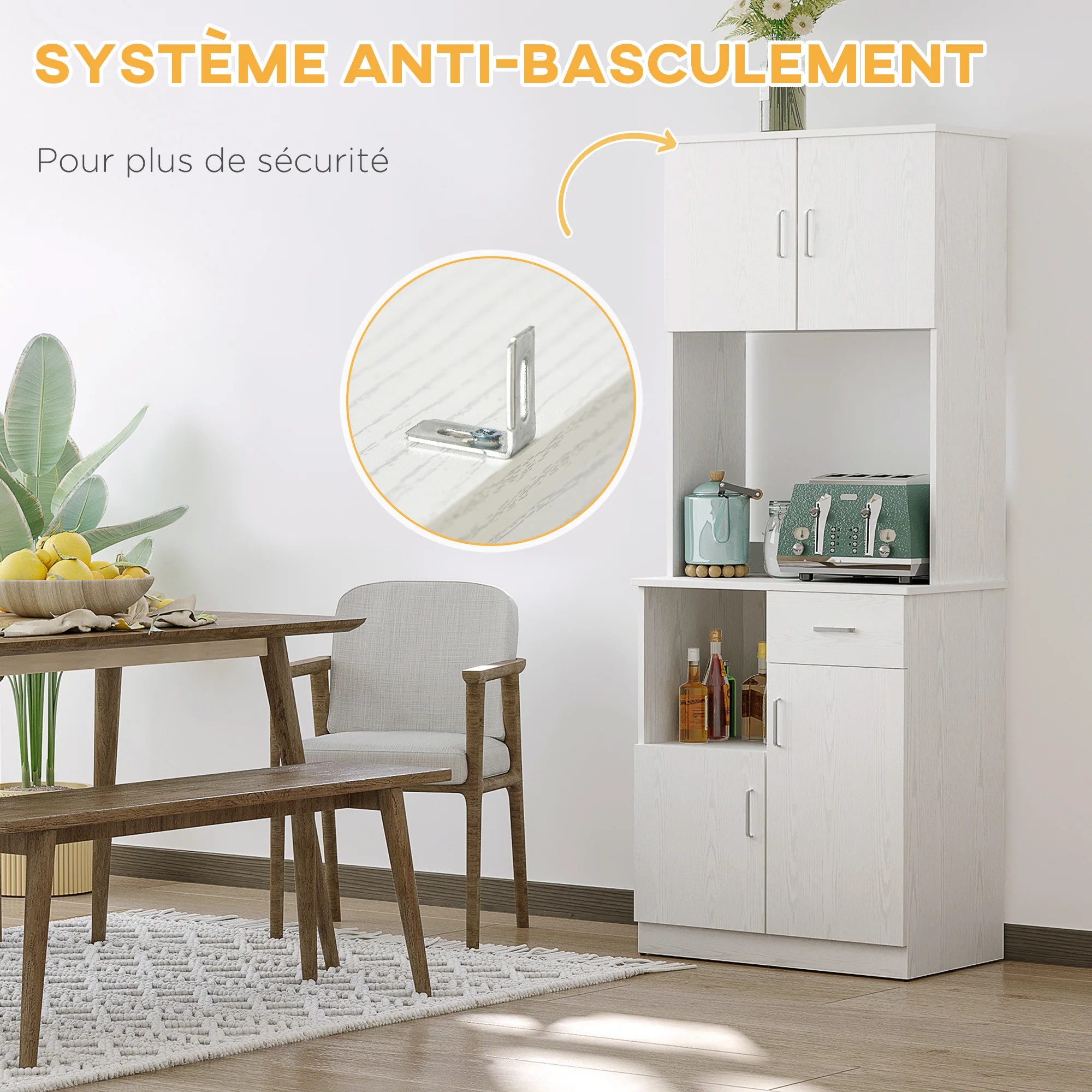 Buffet de cuisine armoire de cuisine multi-rangements 4 portes 1 tiroirs étagère + grand plateau 71 x 41 x 178 cm MDF blanc - Image 7