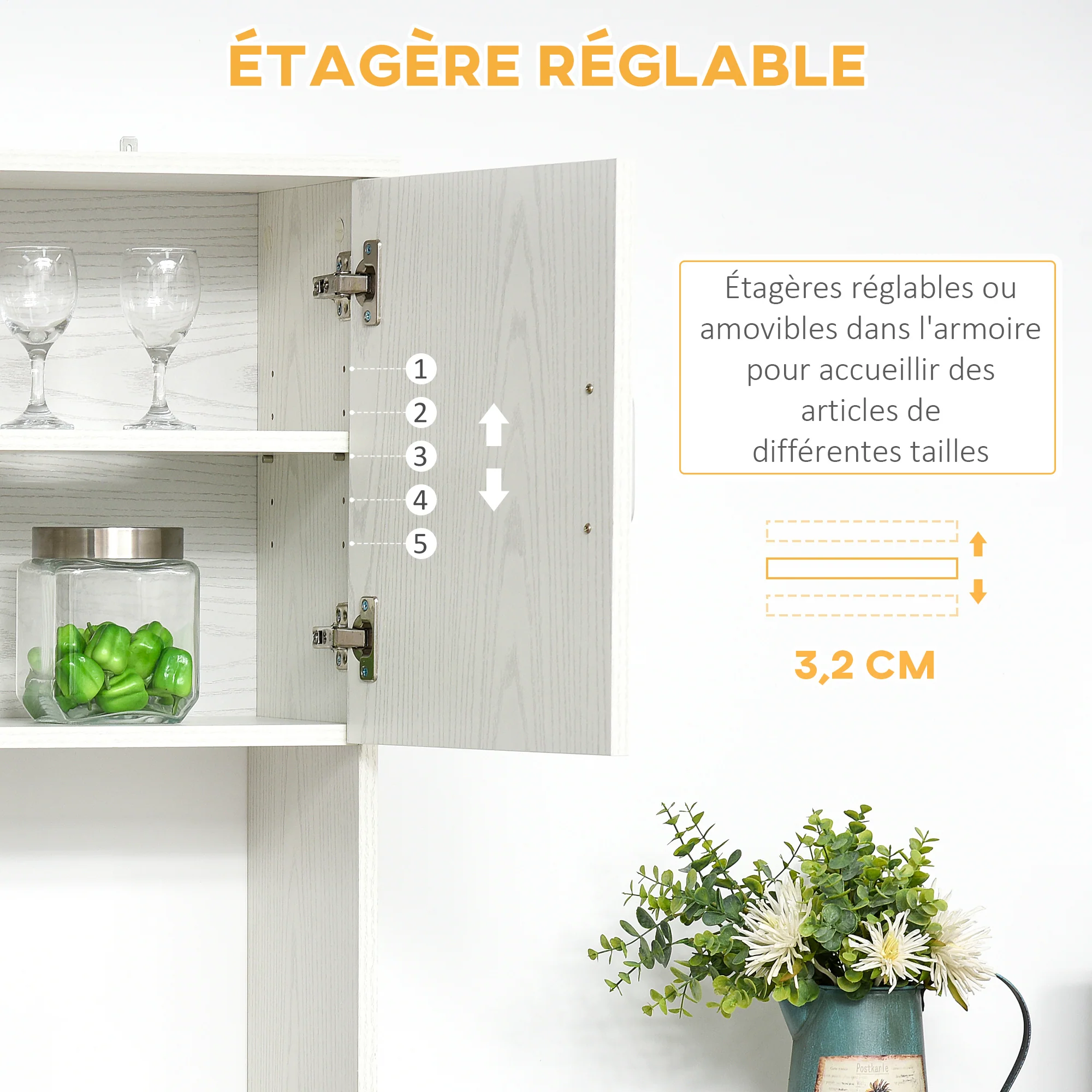 Buffet de cuisine armoire de cuisine multi-rangements 4 portes 1 tiroirs étagère + grand plateau 71 x 41 x 178 cm MDF blanc - Image 8