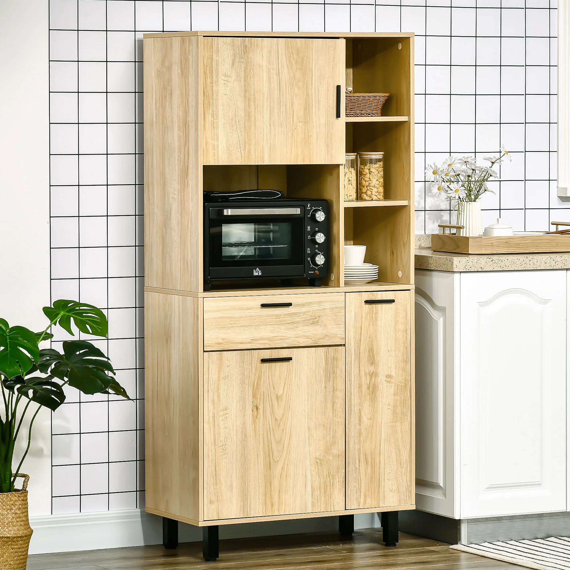 Buffet de cuisine armoire de cuisine multi-rangements avec un tiroir, 3 placards, 4 niches et passe-cables hauteur 166 cm - Image 3